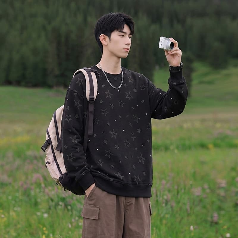 봄 가을 남자 여자 조수 브랜드 라운드 넥 전체 인쇄 별 패션 긴팔 후드티 무거운 새로운 커플룩 조수 브랜드 재킷 이미지 5
