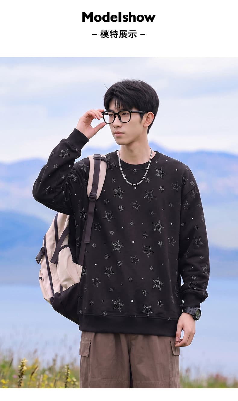 봄 가을 남자 여자 조수 브랜드 라운드 넥 전체 인쇄 별 패션 긴팔 후드티 무거운 새로운 커플룩 조수 브랜드 재킷 상세 이미지 7