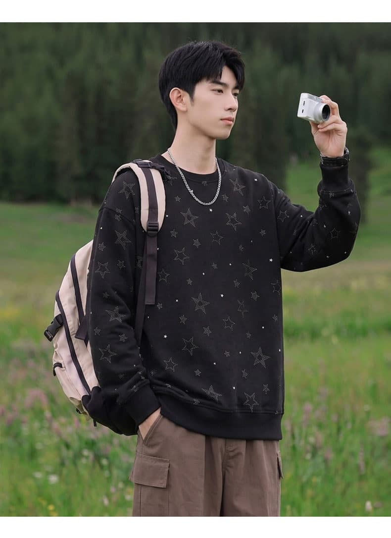 봄 가을 남자 여자 조수 브랜드 라운드 넥 전체 인쇄 별 패션 긴팔 후드티 무거운 새로운 커플룩 조수 브랜드 재킷 상세 이미지 9