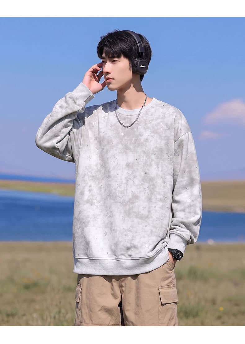 봄 가을 남자 여자 조수 브랜드 라운드 넥 전체 인쇄 별 패션 긴팔 후드티 무거운 새로운 커플룩 조수 브랜드 재킷 상세 이미지 13