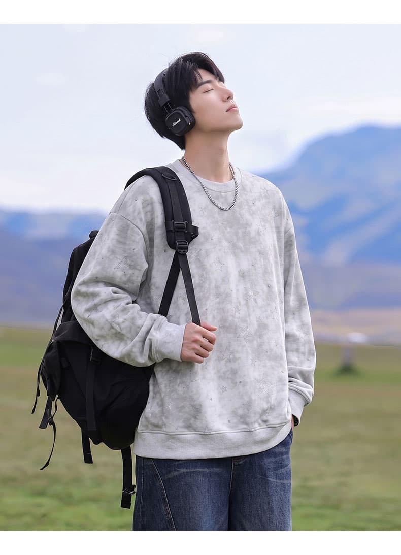 봄 가을 남자 여자 조수 브랜드 라운드 넥 전체 인쇄 별 패션 긴팔 후드티 무거운 새로운 커플룩 조수 브랜드 재킷 상세 이미지 14
