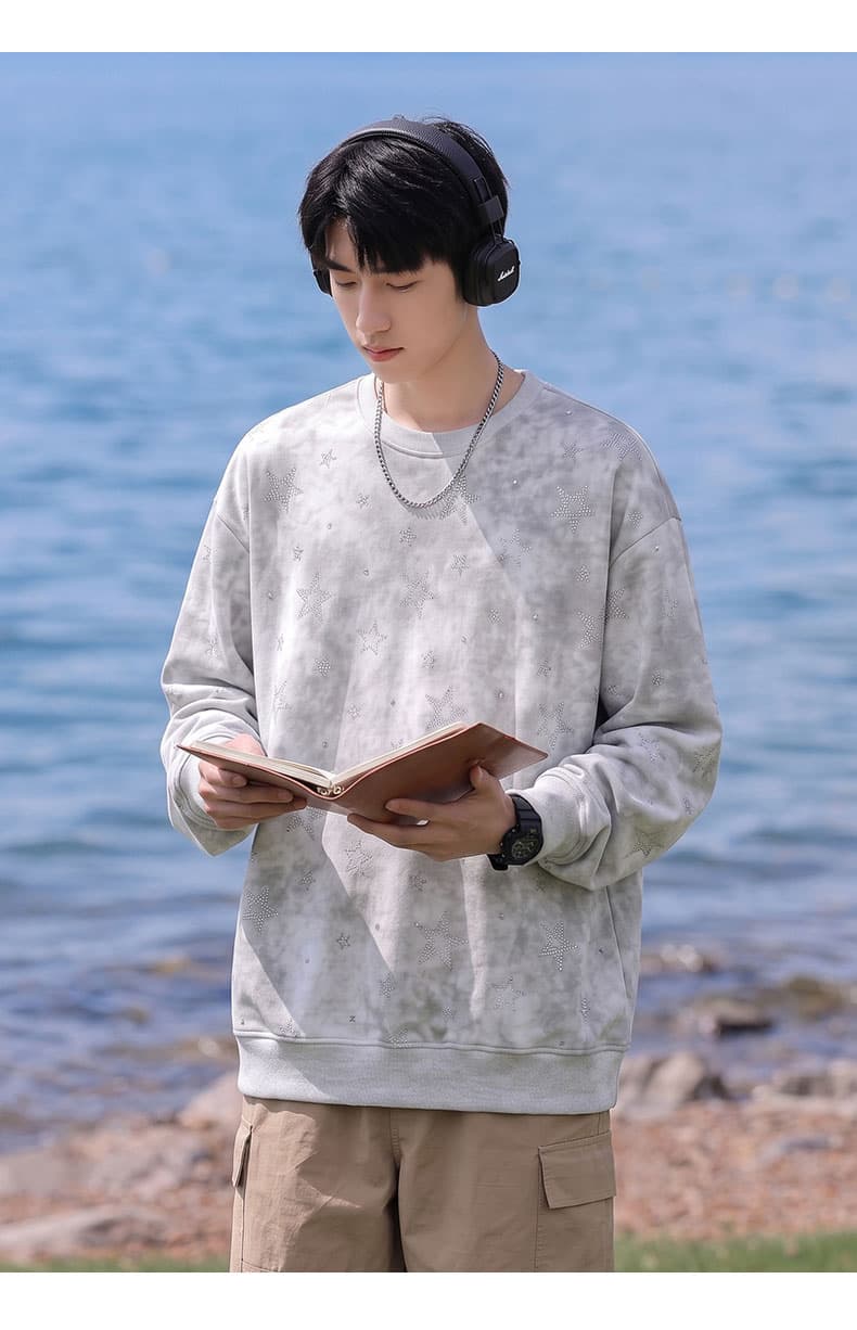 봄 가을 남자 여자 조수 브랜드 라운드 넥 전체 인쇄 별 패션 긴팔 후드티 무거운 새로운 커플룩 조수 브랜드 재킷 상세 이미지 15