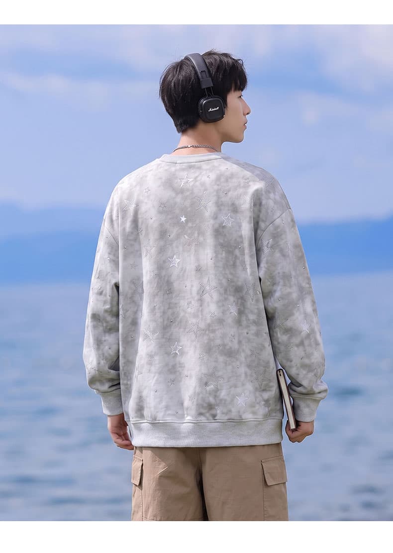 봄 가을 남자 여자 조수 브랜드 라운드 넥 전체 인쇄 별 패션 긴팔 후드티 무거운 새로운 커플룩 조수 브랜드 재킷 상세 이미지 16