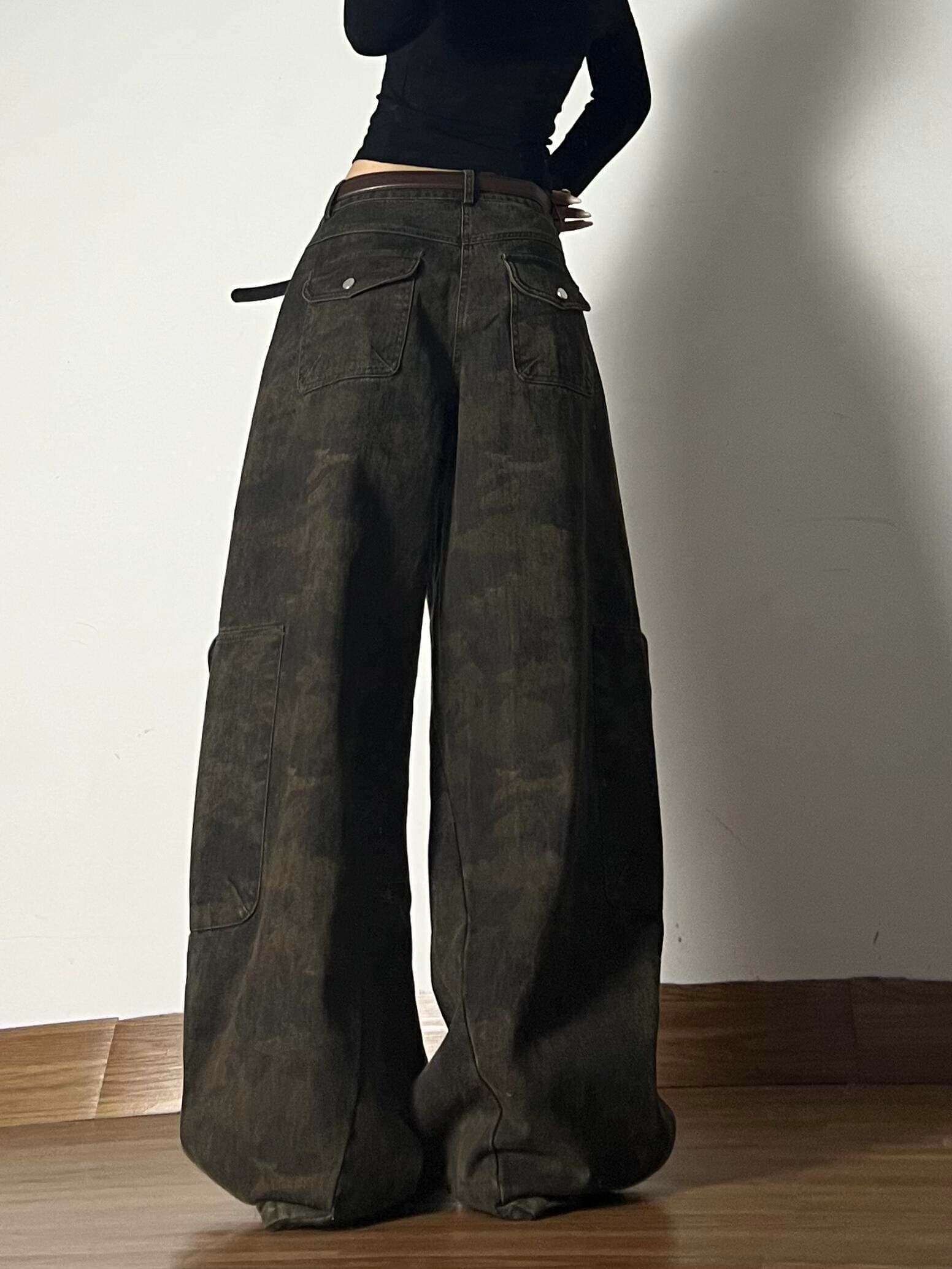 봄 달콤한 차가운 핫걸 아메리칸 바람 카모플라주 워크웨어 청바지 디자인 센스 루즈핏 슬림해 보이는 하이웨이스트 넓은 다리 바닥 청소 바지 이미지 4