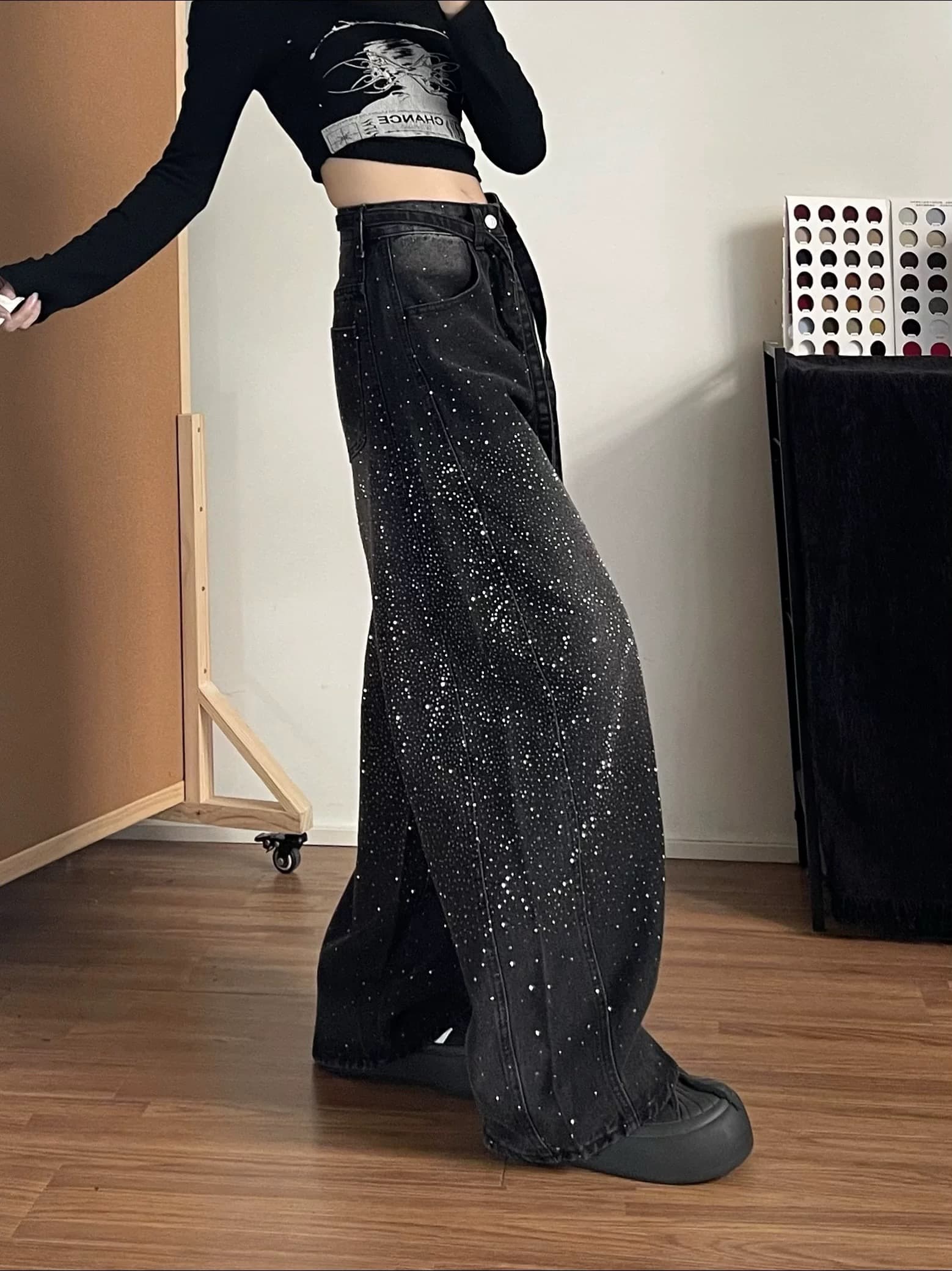 봄 아메리칸 레트로 디자인 센스 핫픽스 폭발 플래시 청바지 바지 여자 루즈핏 넓은 다리 바닥 청소 바지 상세 이미지 3