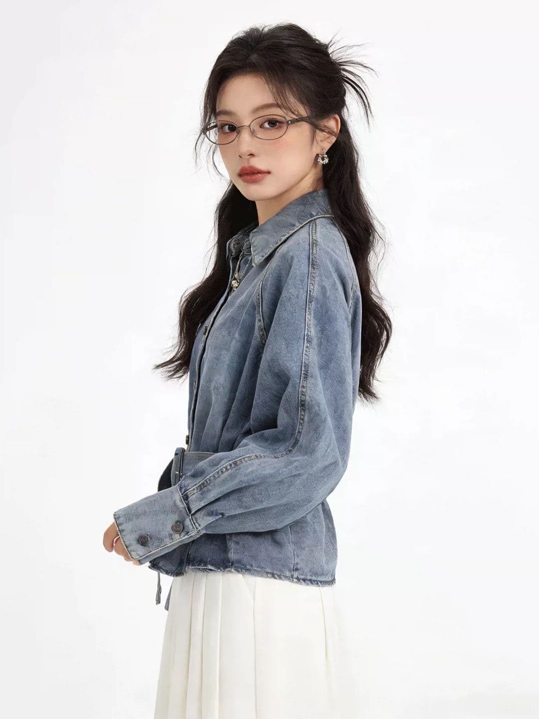 레트로 폴로 칼라 데님 여성 코트 봄 고급 센스 치마 허리 수축 레이스업 슬림해 보이는 셔츠 꼬집기 허리 데님 맨위 이미지 2