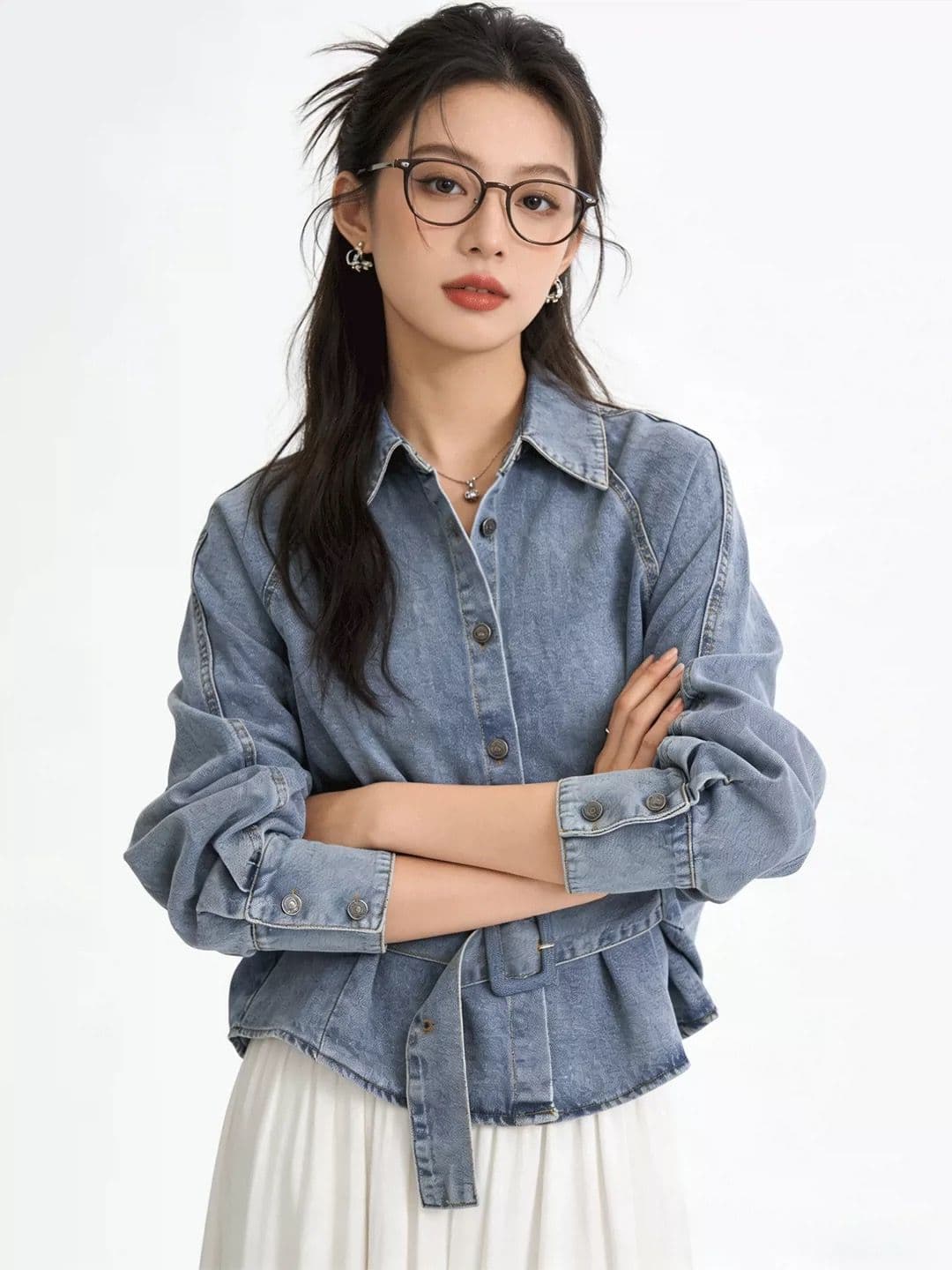 레트로 폴로 칼라 데님 여성 코트 봄 고급 센스 치마 허리 수축 레이스업 슬림해 보이는 셔츠 꼬집기 허리 데님 맨위 상세 이미지 3