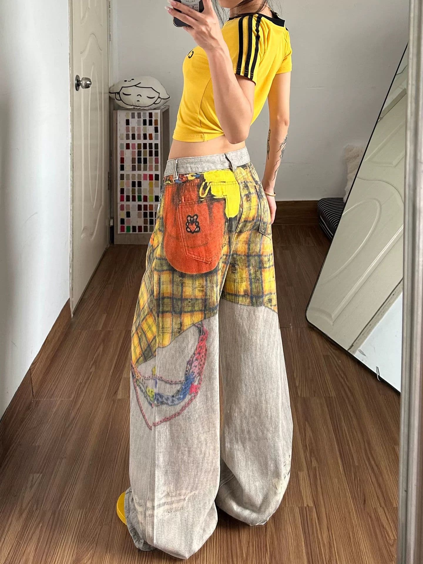 아메리칸 레트로 랩스커트팬츠 프린트 청바지 바지 여자 2026 봄 새로운 세련된 하이웨이스트 루즈핏 와이드 레그 팬츠 이미지 2