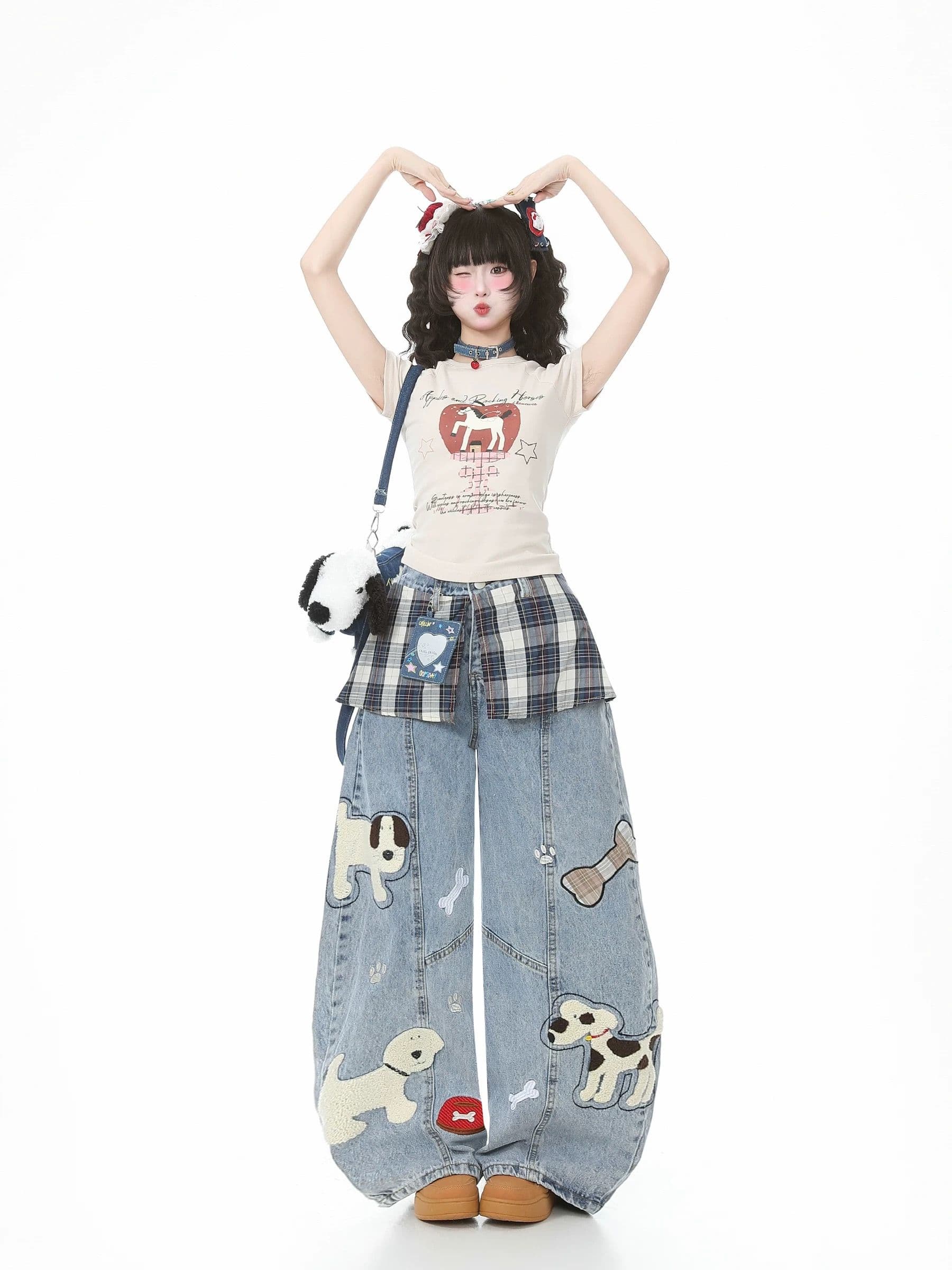 페이크 레이어드 랩스커트팬츠 하이웨이스트 자수 청바지 여성 봄 모통이 칼 와이드 레그 팬츠 이미지 2