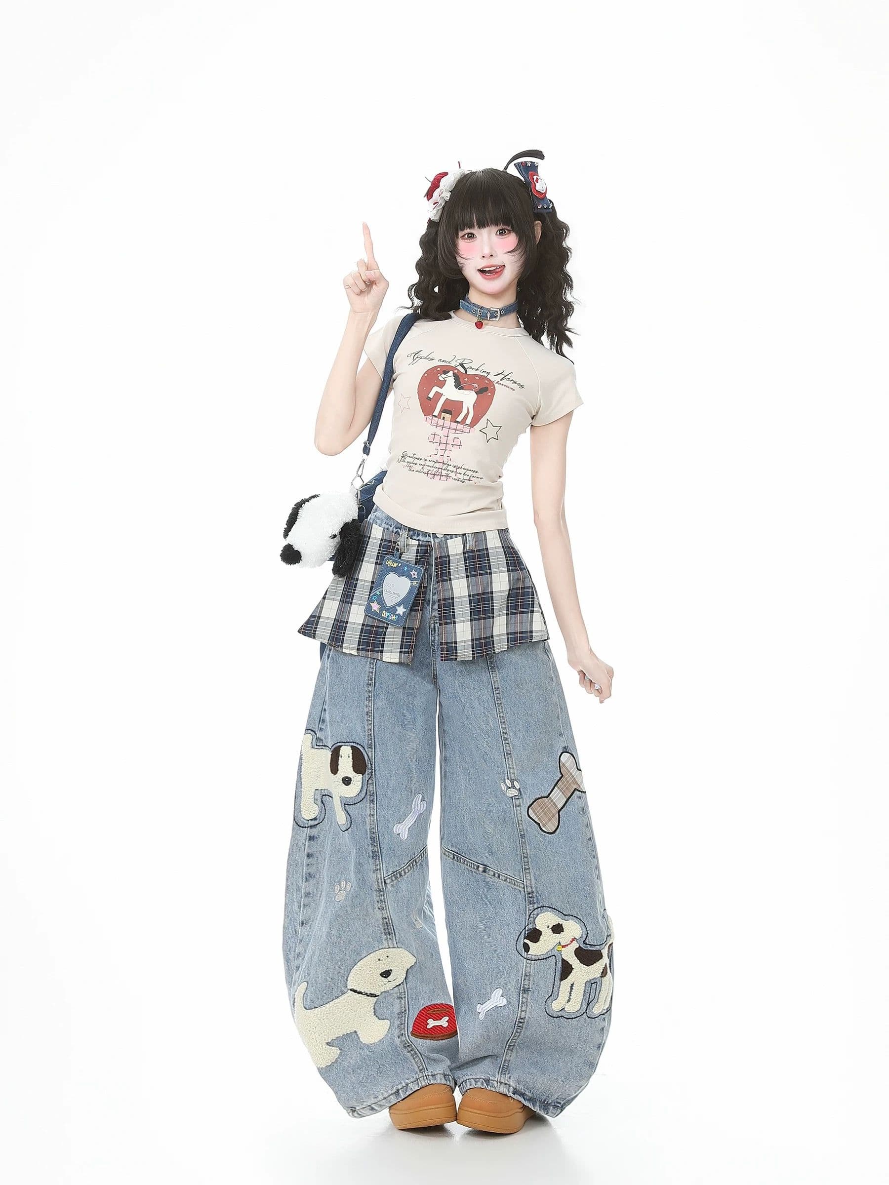 페이크 레이어드 랩스커트팬츠 하이웨이스트 자수 청바지 여성 봄 모통이 칼 와이드 레그 팬츠 상세 이미지 4