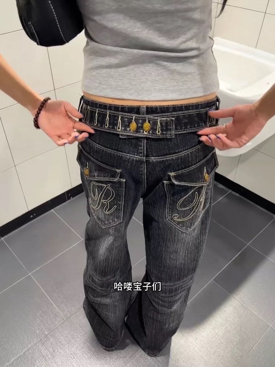 아메리칸 레트로 파리 버클 디자인 대나무 마디 청바지 남녀 워싱 스트레이트 루즈핏 다용도 긴 바지 ins 상세 이미지 6