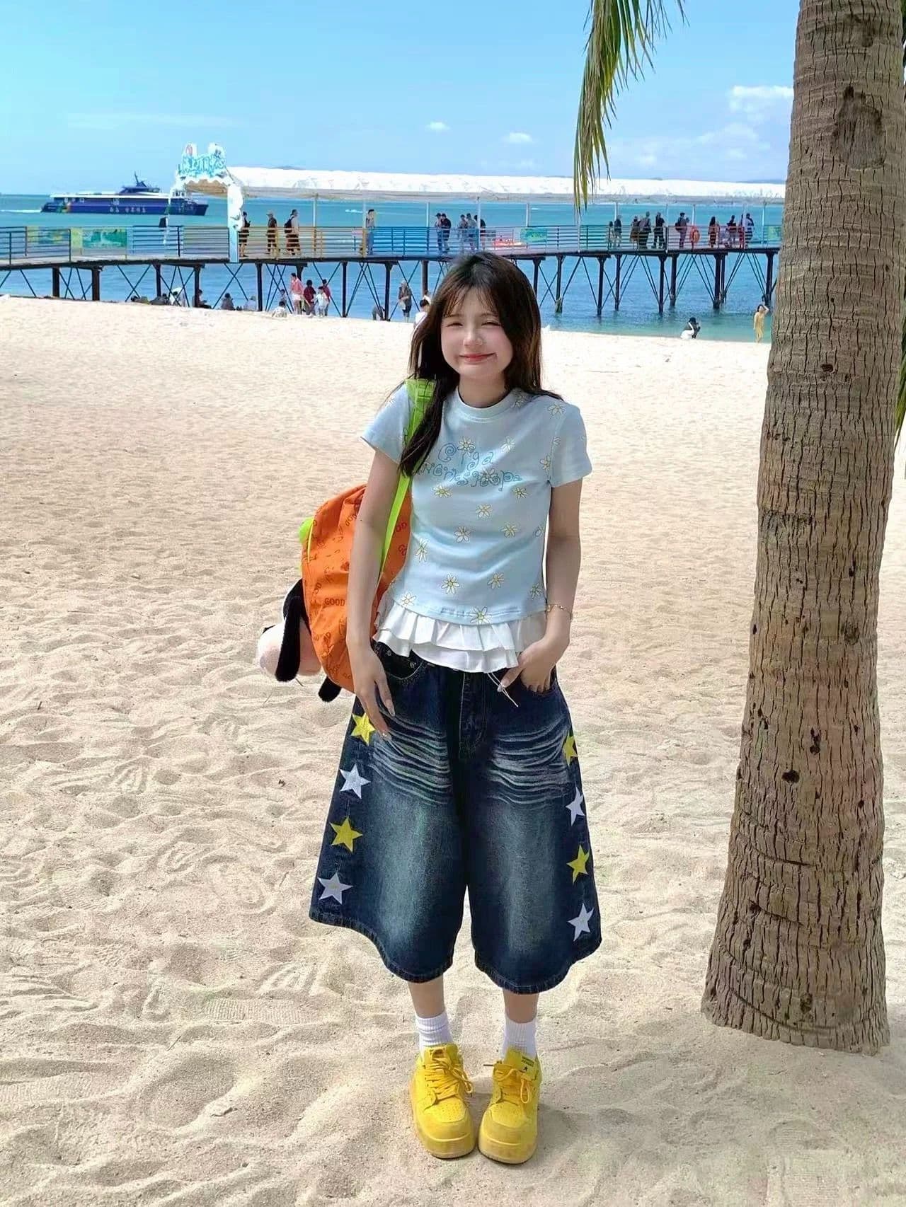 아메리칸 별 자수 워싱 데님 7부 바지 2026 여름 새로운 커플 바지 반바지 여성 상세 이미지 6