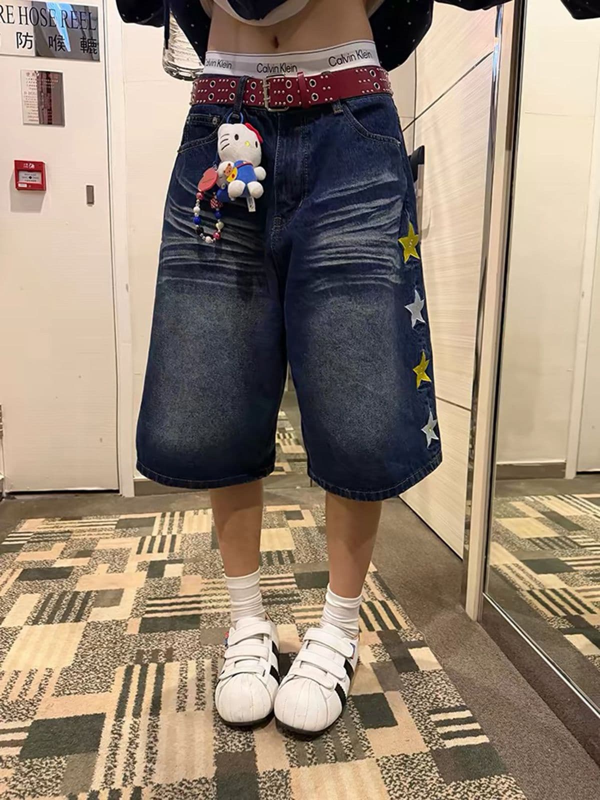 아메리칸 레트로 별 자수 워싱 데님 7부 바지 여름 남녀 루즈핏 캐주얼 다용도 반바지