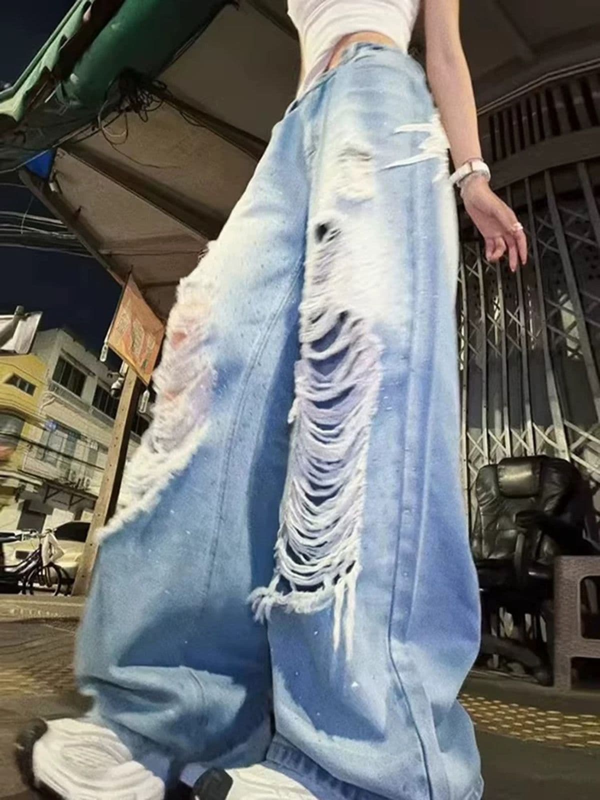거리 바람 면 무거운 작업 워시 물 핫픽스 넓은 다리 스트레이트 찢어진 부분 청바지 여성 2026 새로운 이른 봄 이미지 3