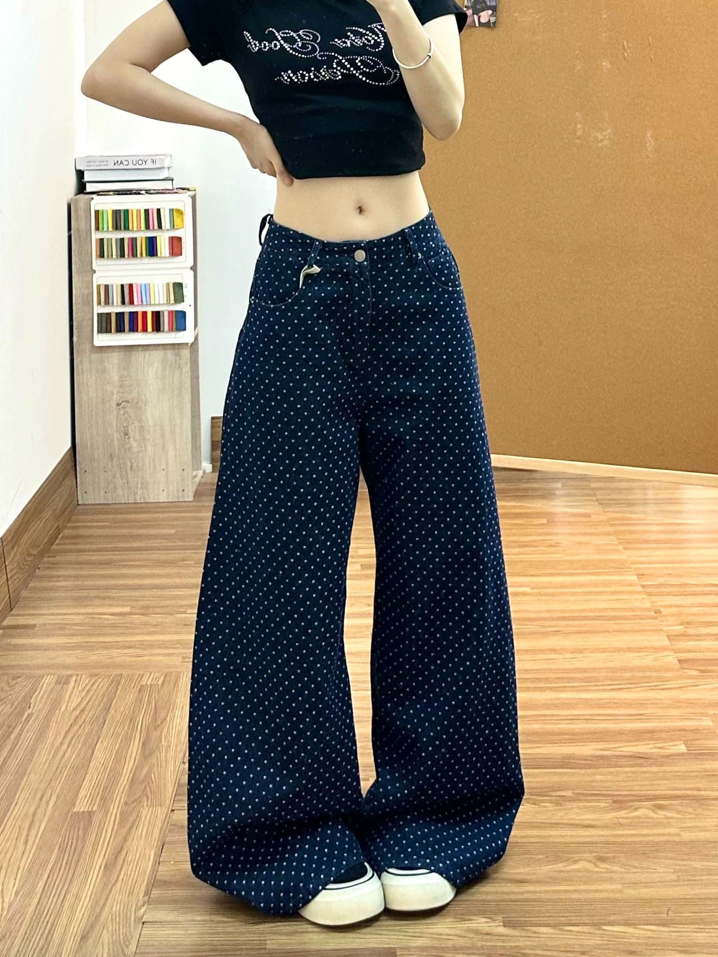 아메리칸 느슨함 일상 도트 무늬 청바지 여성 2026 여름 새로운 디자인 센스 캐주얼 바지 모통이 칼 와이드 레그 팬츠 어린이 상세 이미지 3