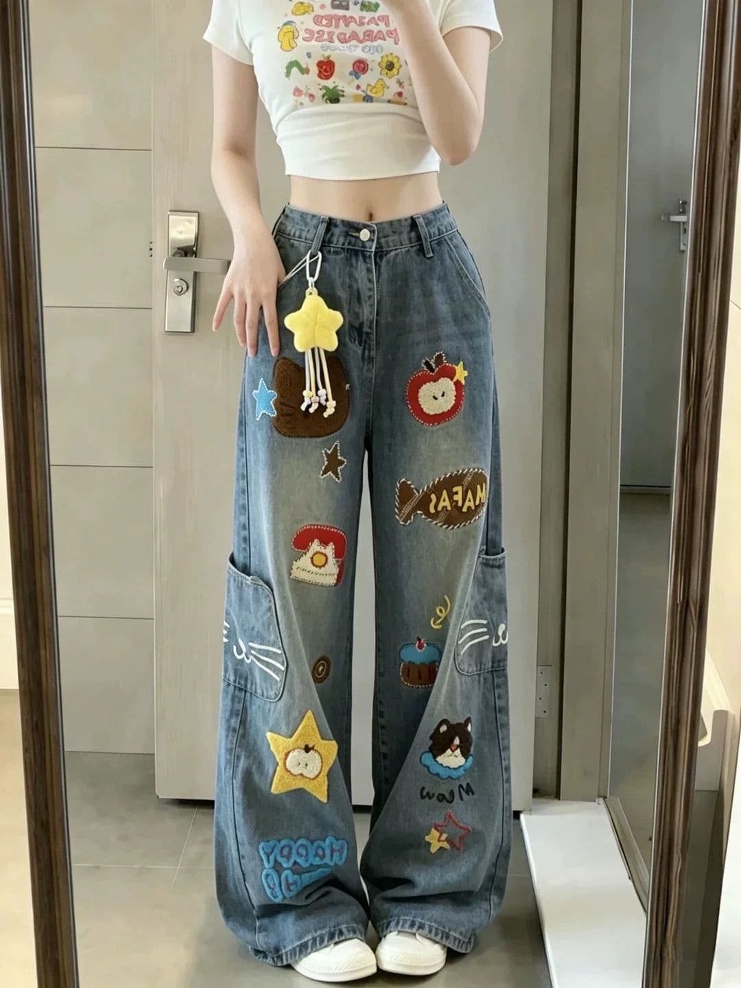만화 수건 자수 넓은 다리 워크웨어 청바지 바지 여자 2026 여름 새로운 루즈핏 슬림해 보이는 스트레이트 팬츠 이미지 4