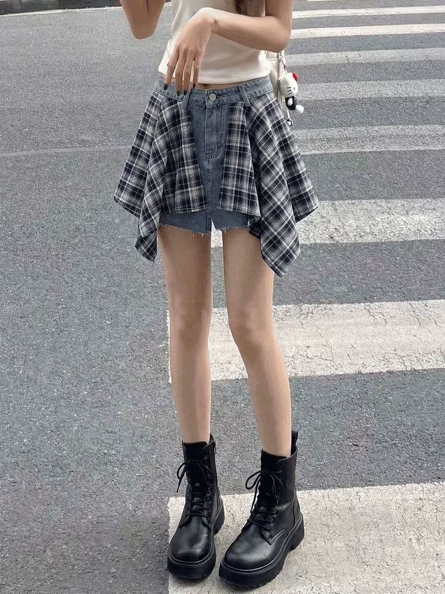 체크무늬 방귀 커튼 패치워크 데님 반바지 바지 아이들 2026 여름 새로운 아메리칸 불규칙 디자인 센스 치마바지
