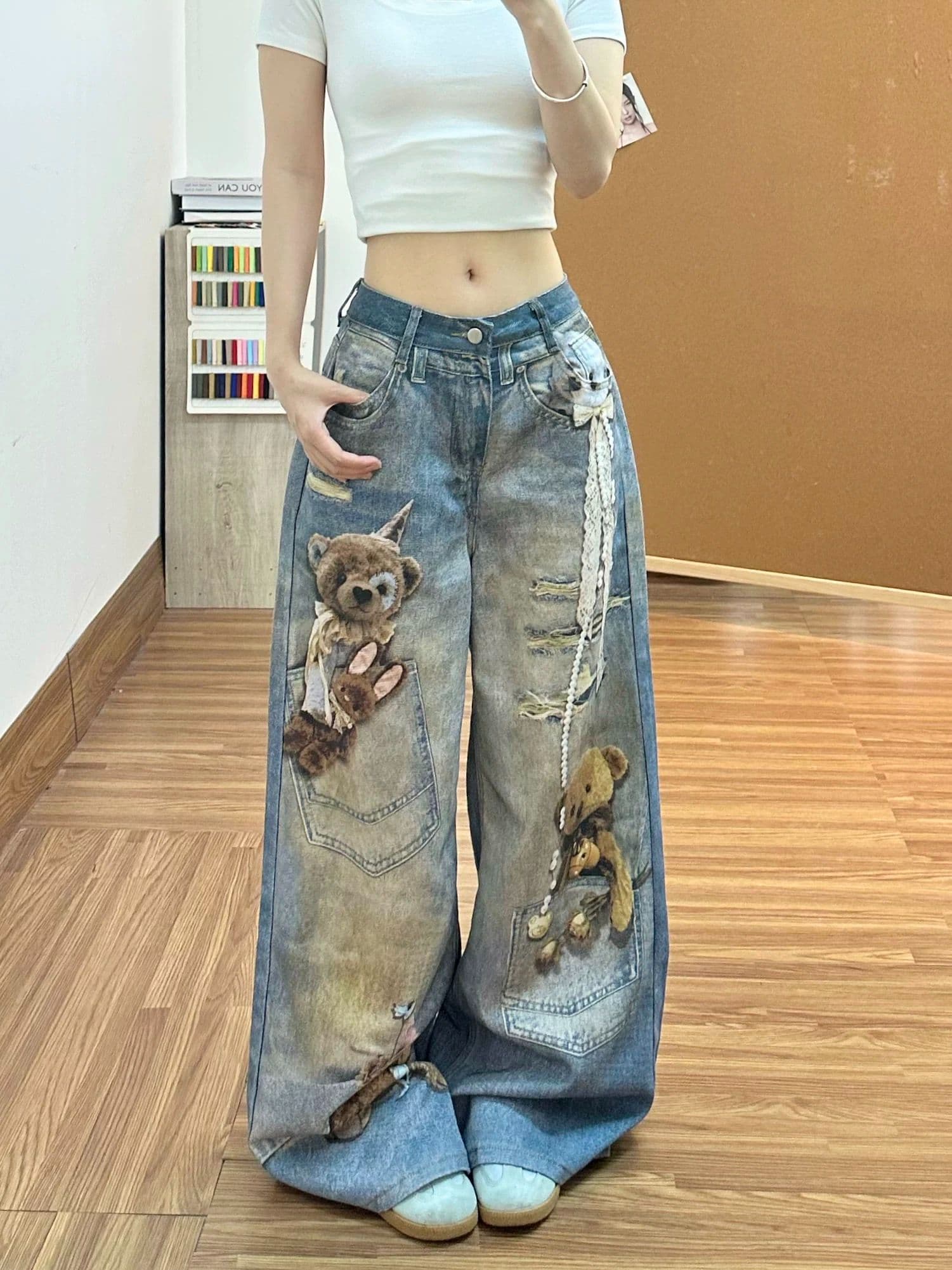 아메리칸 레트로 작은 곰 프린트 스트레이트 청바지 바지 여자 2026 여름 새로운 하이웨이스트 슬림해 보이는 와이드 레그 팬츠 이미지 2
