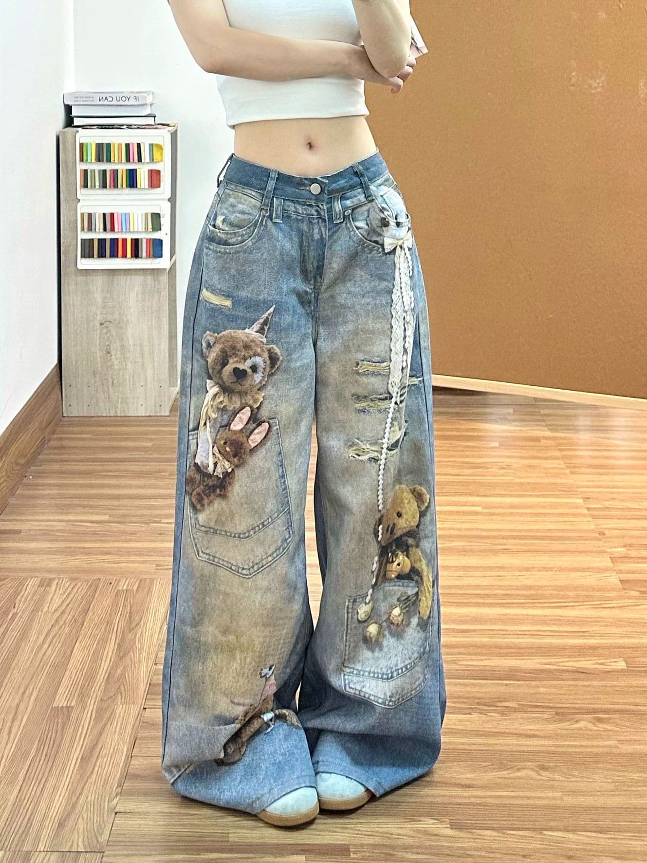 아메리칸 레트로 작은 곰 프린트 스트레이트 청바지 바지 여자 2026 여름 새로운 하이웨이스트 슬림해 보이는 와이드 레그 팬츠