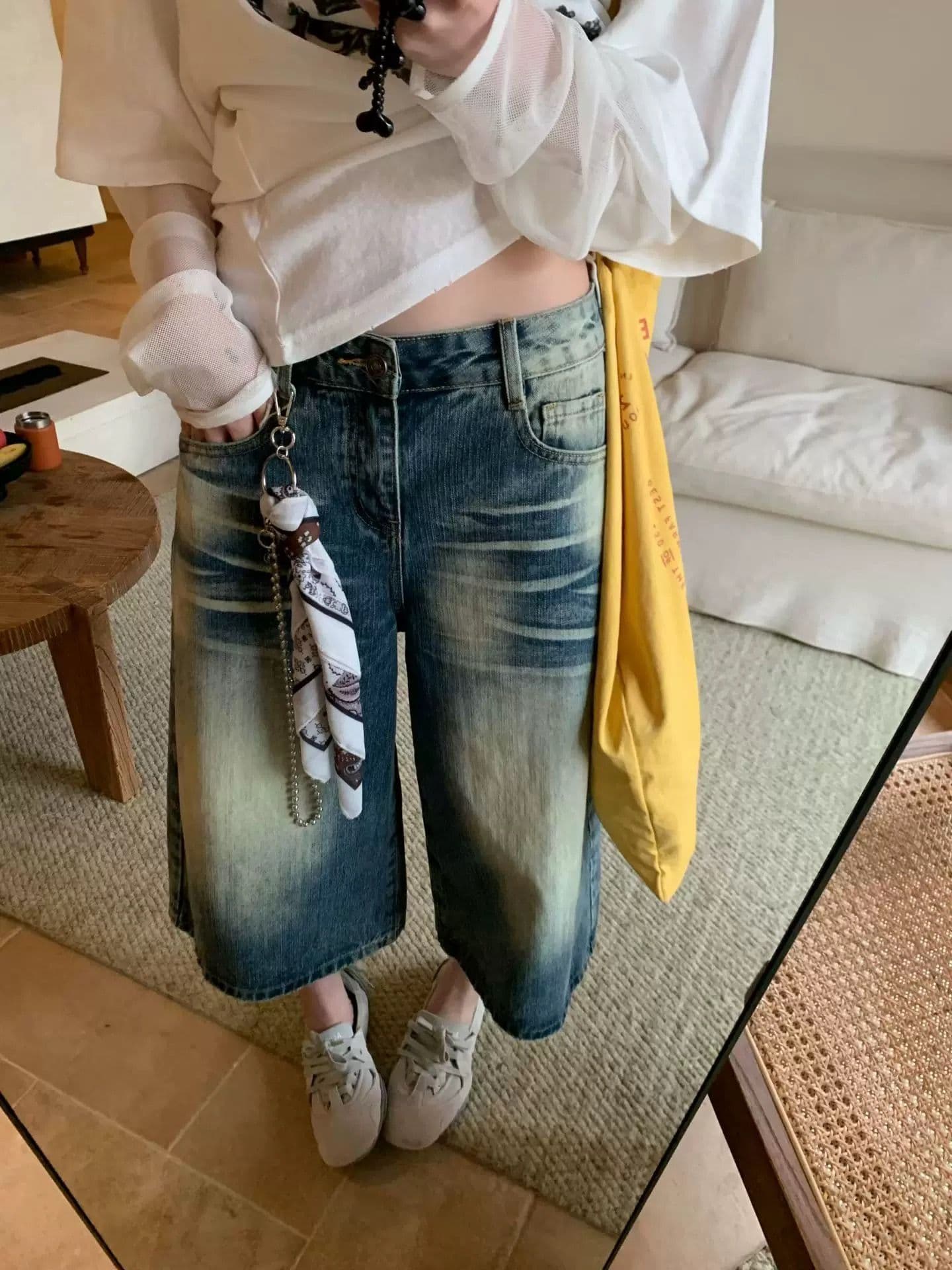 유럽 상품 레트로 고양이 반드시 넓은 다리 청바지 여성 여름 워싱 루즈핏 슬림해 보이는 캐주얼 작은 키 8 점 스트레이트 팬츠 상세 이미지 5