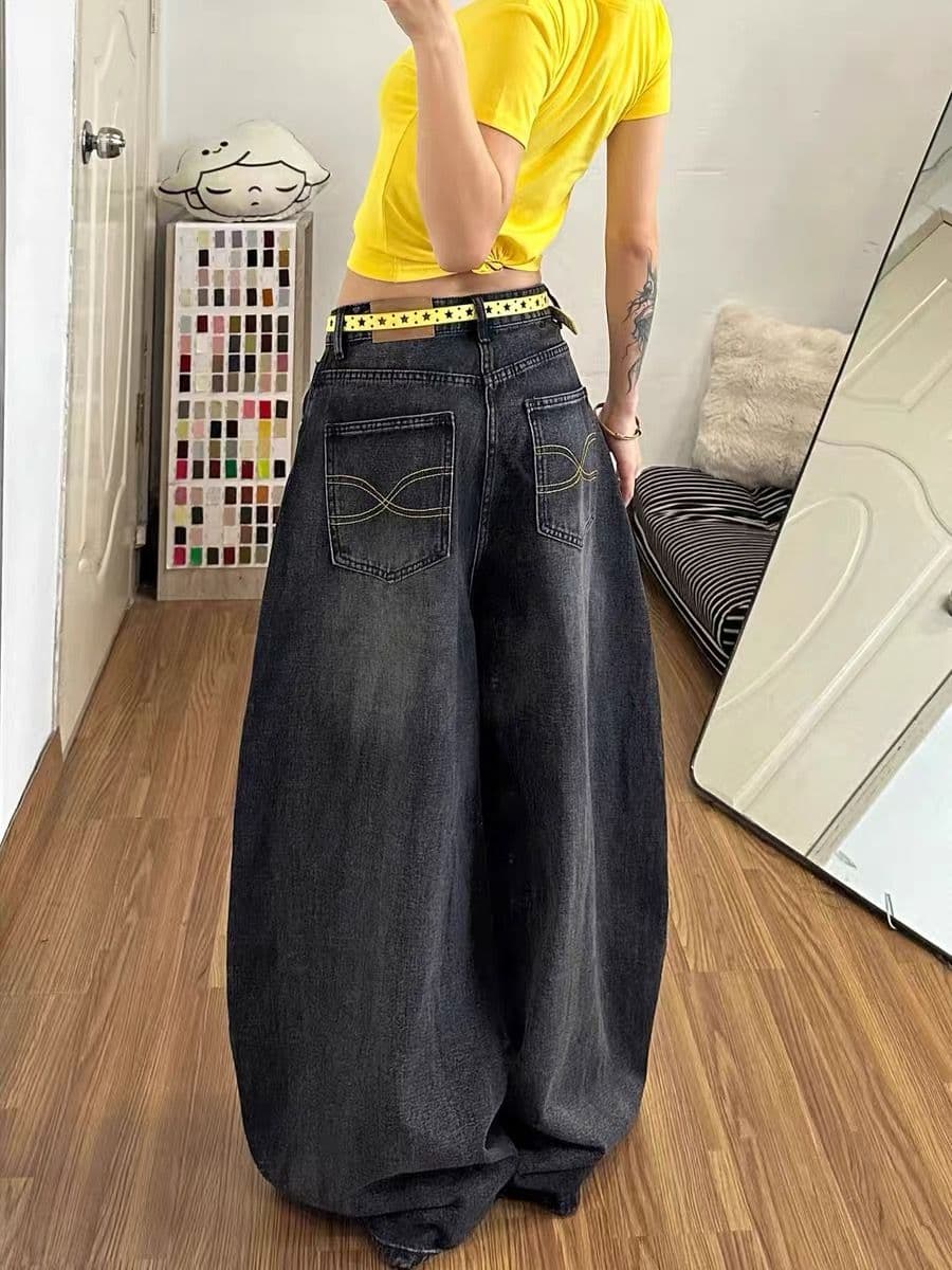 아메리칸 무거운 작업 워싱 알파벳 자수 모통이 칼 청바지 여성 여름 거리 루즈핏 넓은 다리 느긋한 바닥 청소 긴 바지 트렌디 이미지 3