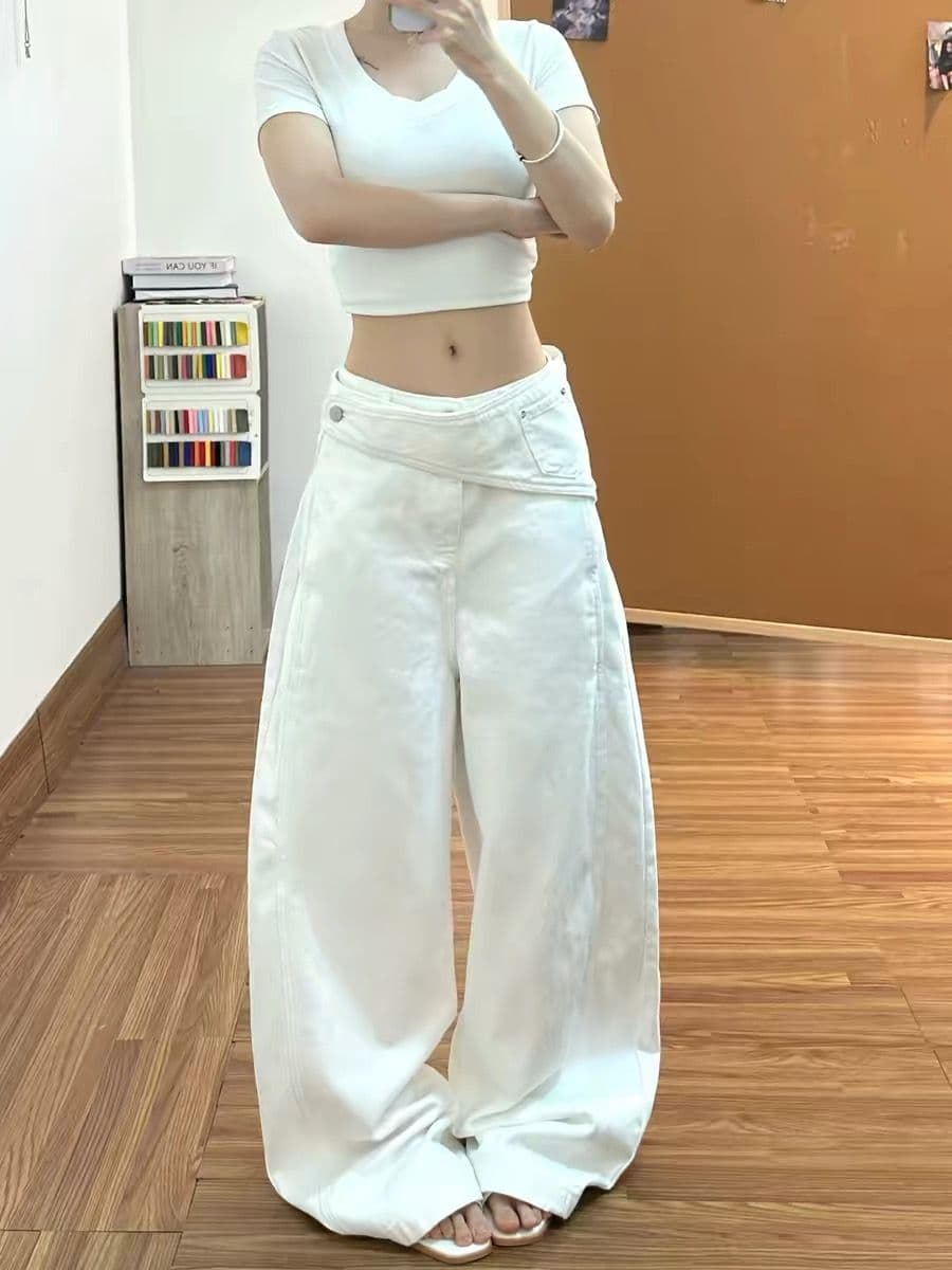 랩스커트팬츠 청바지 여성 2026 여름 새로운 화이트 탈착식 모통이 칼 조수 브랜드 하이웨이스트 슬림해 보이는 넓은 다리 길이 바지 상세 이미지 2