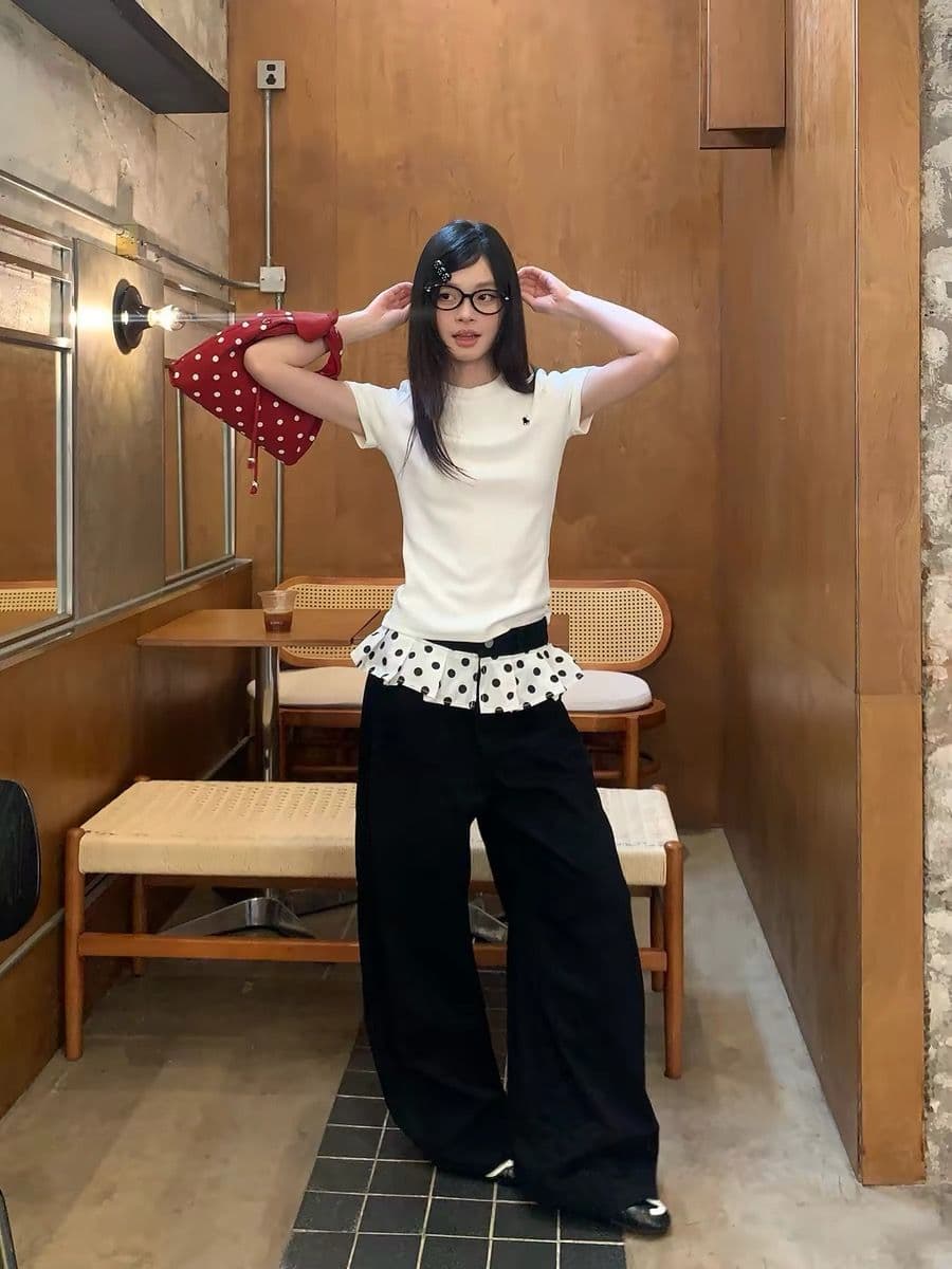 검정색 스트레이트 캐주얼 바지 여성 여름 한 부서 도트 무늬 패치워크 디자인 센스 발레 바람 루즈핏 와이드 레그 팬츠 이미지 3