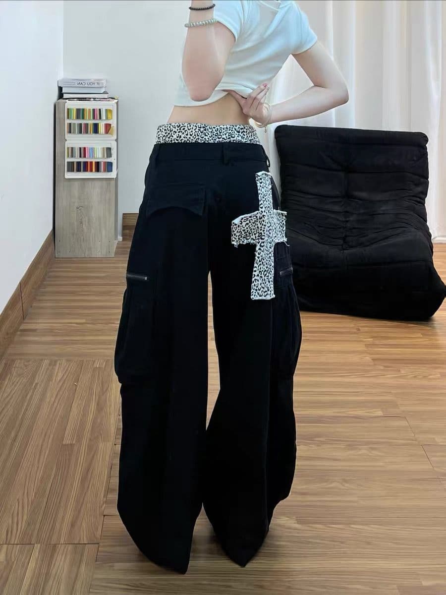 아메리칸 거리 레오파드 무늬 패치워크 워크웨어 청바지 바지 여자 2026 여름 새로운 십자가 모통이 칼 긴 바지 이미지 2