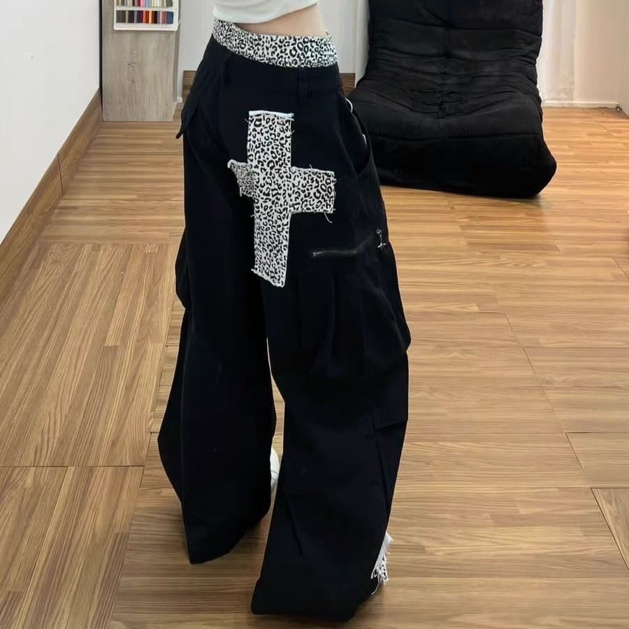 아메리칸 거리 레오파드 무늬 패치워크 워크웨어 청바지 바지 여자 2026 여름 새로운 십자가 모통이 칼 긴 바지 이미지 5
