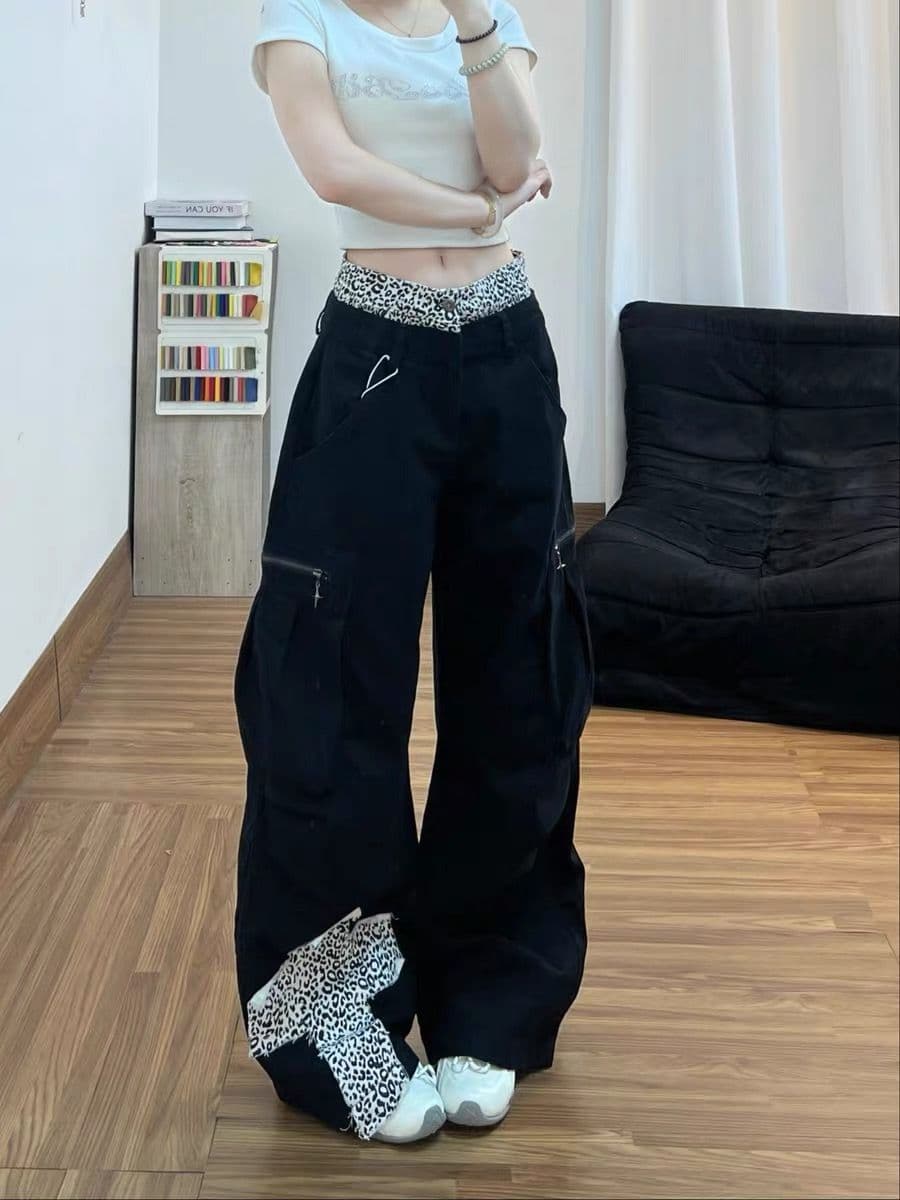 아메리칸 거리 레오파드 무늬 패치워크 워크웨어 청바지 바지 여자 2026 여름 새로운 십자가 모통이 칼 긴 바지 상세 이미지 1