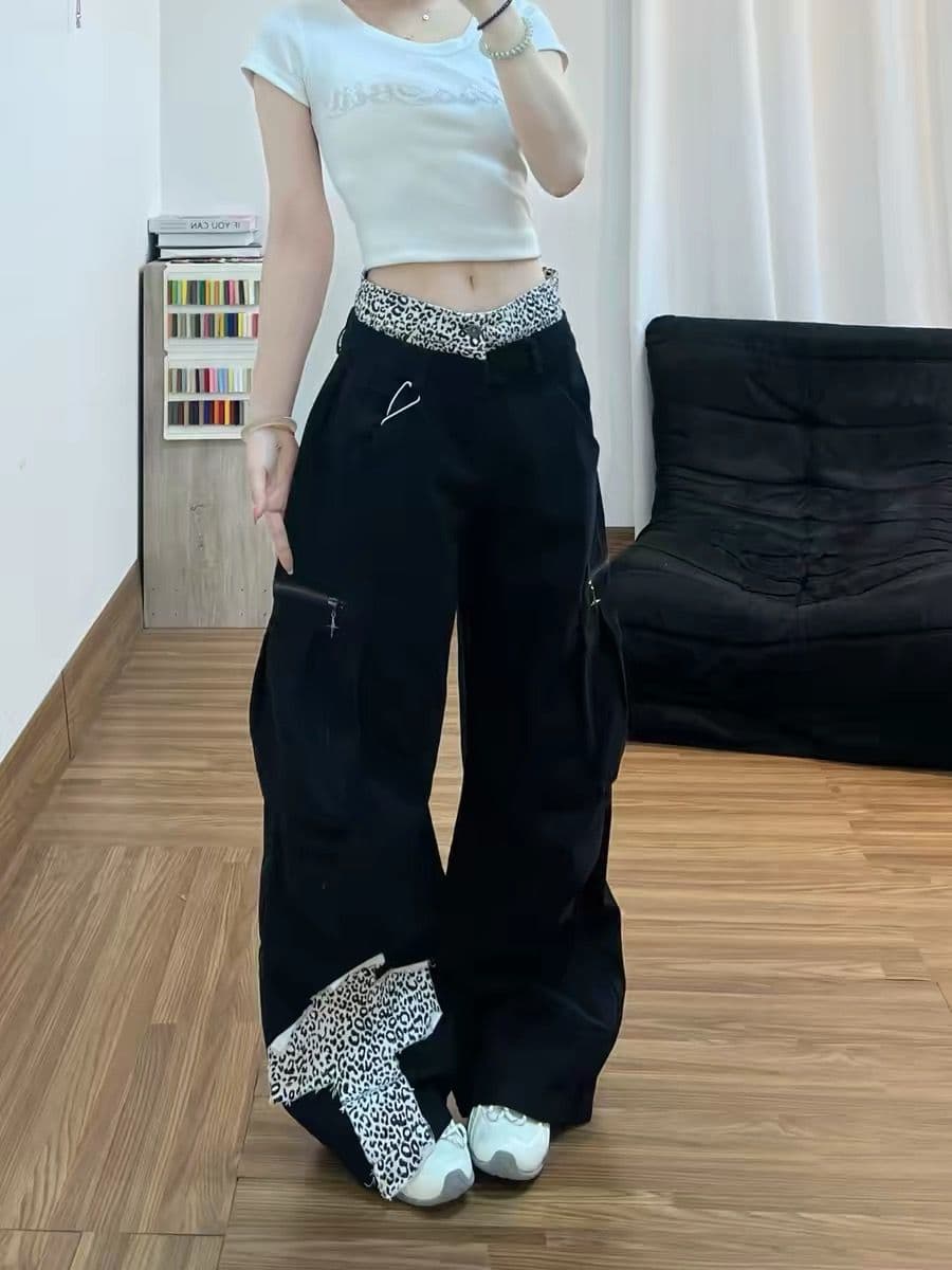 아메리칸 거리 레오파드 무늬 패치워크 워크웨어 청바지 바지 여자 2026 여름 새로운 십자가 모통이 칼 긴 바지 상세 이미지 2