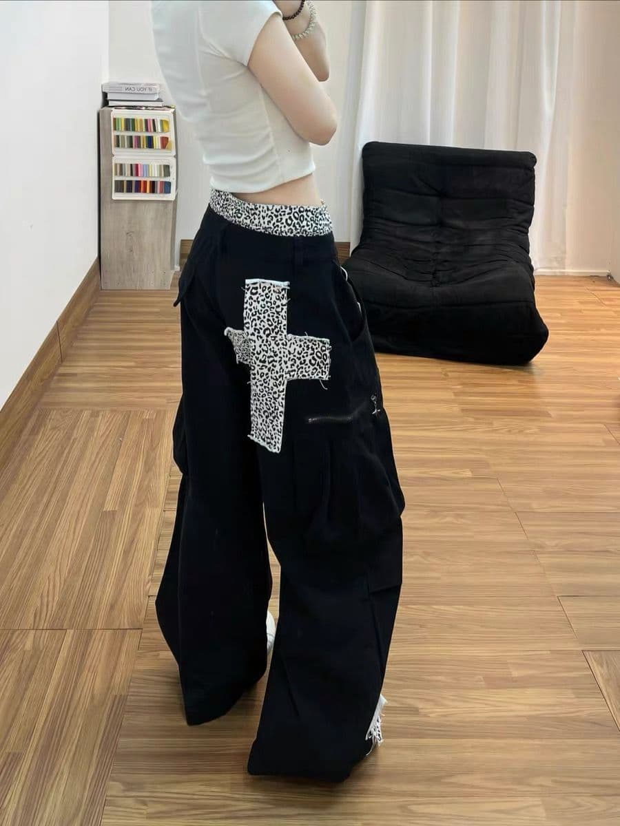 아메리칸 거리 레오파드 무늬 패치워크 워크웨어 청바지 바지 여자 2026 여름 새로운 십자가 모통이 칼 긴 바지 상세 이미지 5