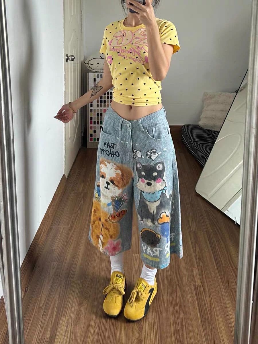 강아지 프린트 데님 7부 바지 바지 여자 2026 여름 새로운 루즈핏 넓은 다리 슬림해 보이는 바지 짧은 바지 상세 이미지 3