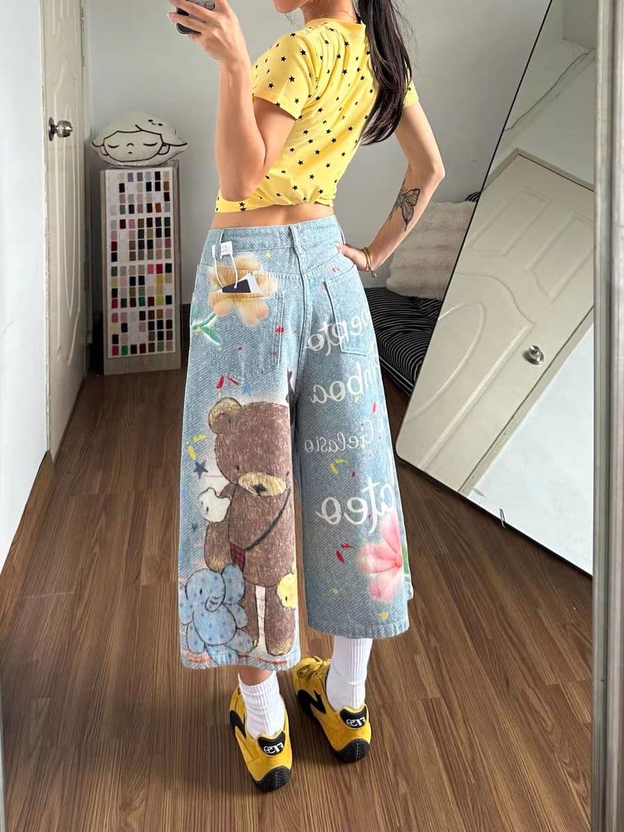 강아지 프린트 데님 7부 바지 바지 여자 2026 여름 새로운 루즈핏 넓은 다리 슬림해 보이는 바지 짧은 바지 상세 이미지 5