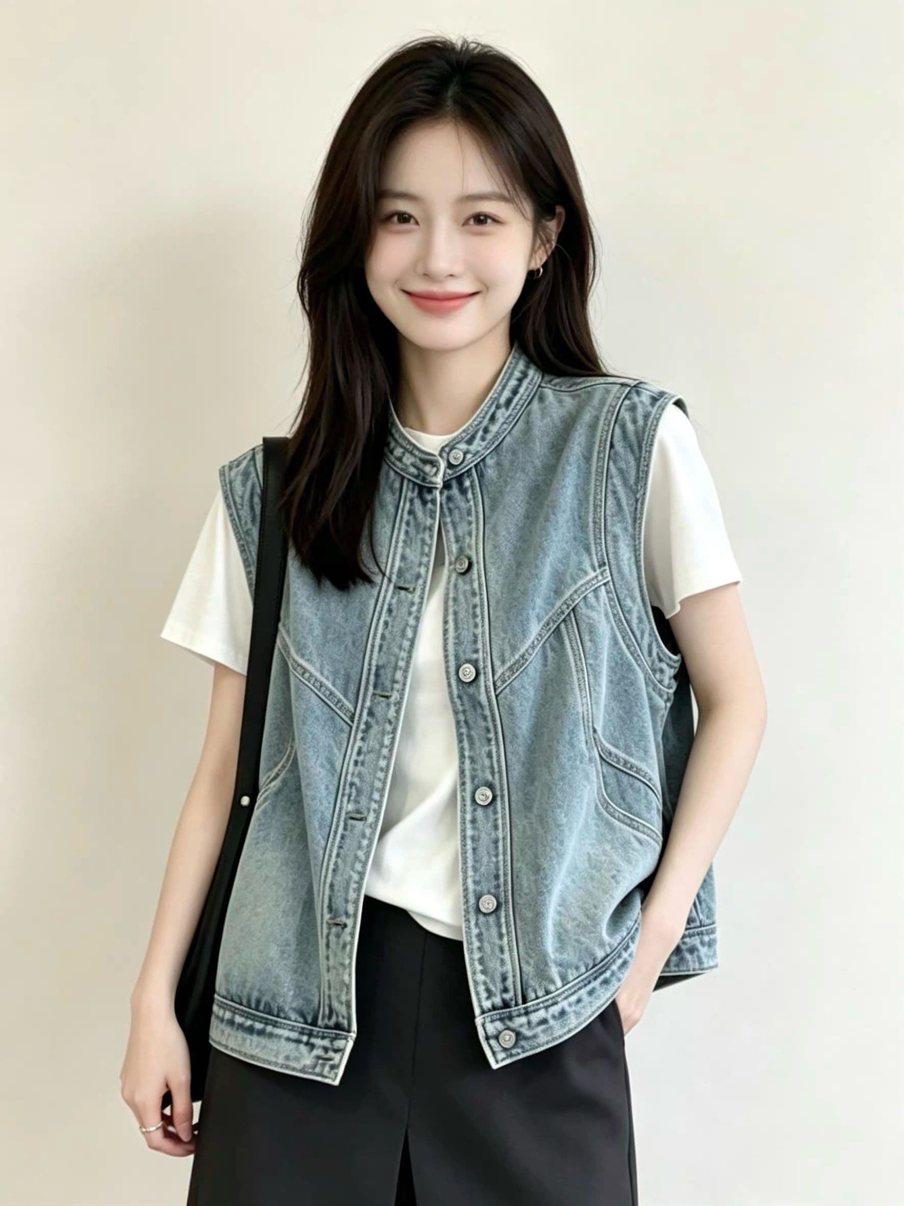 슈퍼 잘 생긴 패션 데님 조끼 여자 세련된 외국 가스 2026 봄 새로운 다용도 어깨 조끼 자켓 맨위 상세 이미지 1