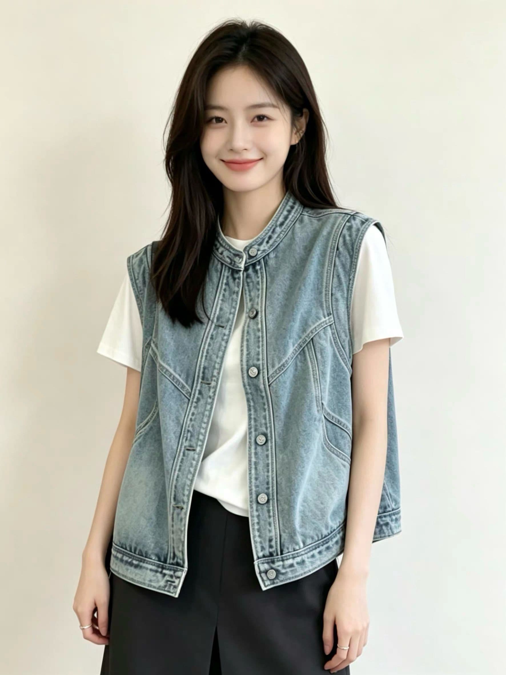 슈퍼 잘 생긴 패션 데님 조끼 여자 세련된 외국 가스 2026 봄 새로운 다용도 어깨 조끼 자켓 맨위 상세 이미지 2