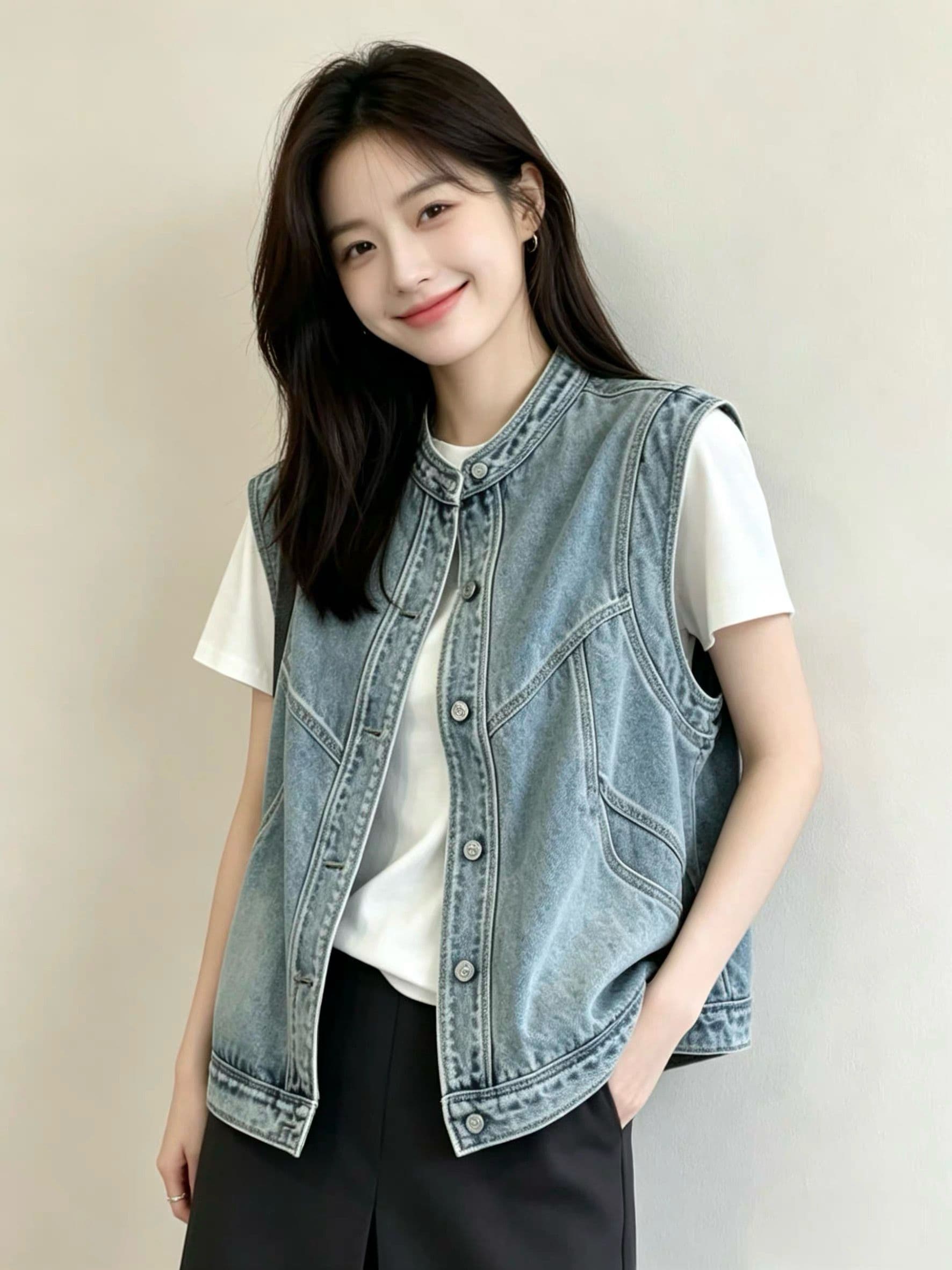 슈퍼 잘 생긴 패션 데님 조끼 여자 세련된 외국 가스 2026 봄 새로운 다용도 어깨 조끼 자켓 맨위 상세 이미지 3