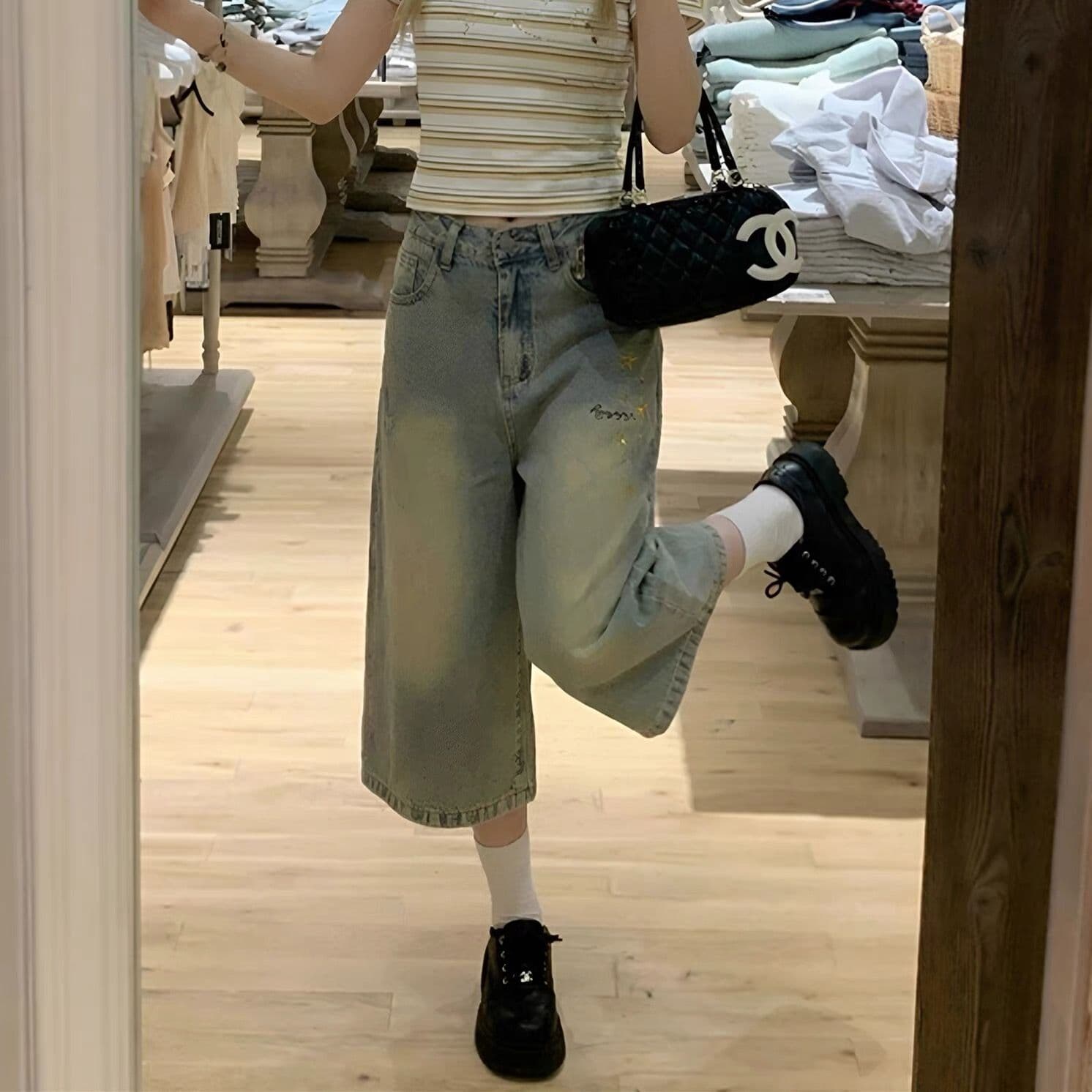아메리칸 레트로 마 오래된 워싱 별 7 점 청바지 여성 여름 루즈핏 슬림해 보이는 다용도 스트레이트 넓은 다리 바지 상세 이미지 1