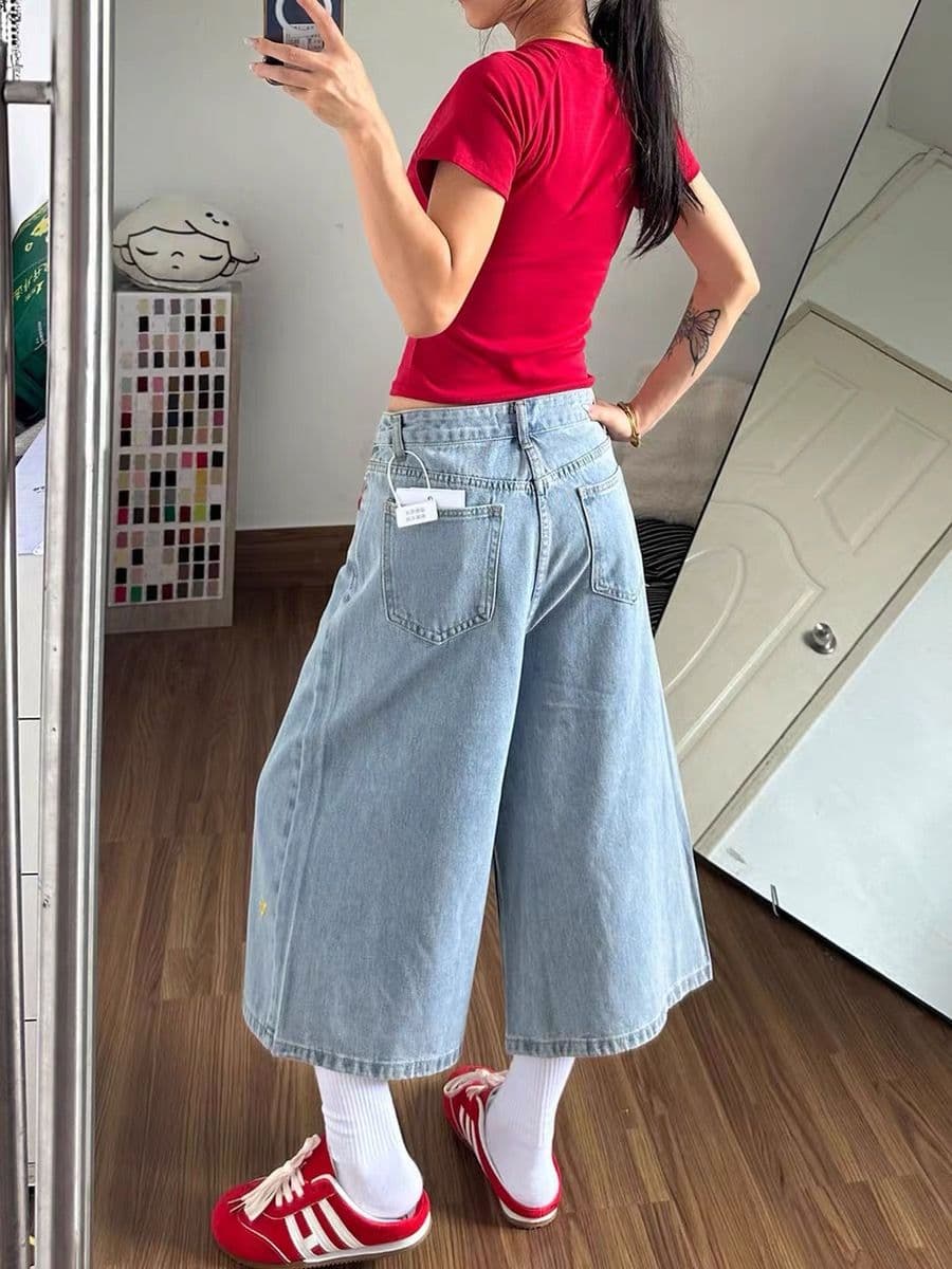 아메리칸 별 막대기 전체 인쇄 7 점 청바지 여성 여름 루즈핏 슬림해 보이는 스트레이트 반바지 캐주얼 와이드 레그 팬츠 어린이 이미지 2