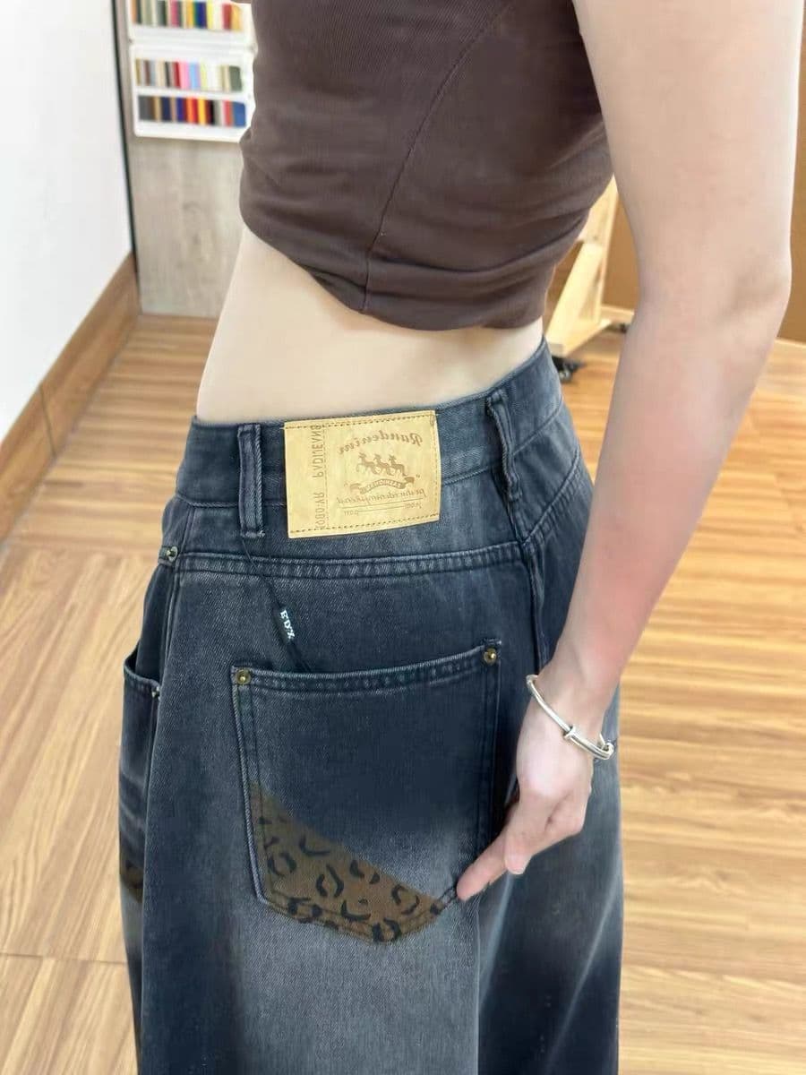 아메리칸 레트로 레오파드 무늬 청바지 바지 여자 2026 여름 새로운 배색 레트로 디자인 와이드 레그 팬츠 긴 바지 상세 이미지 5