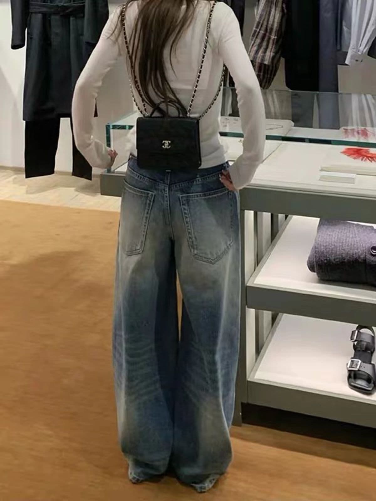 아메리칸 레트로 워싱 뒤집다 측면 넓은 다리 청바지 여성 하이웨이스트 루즈핏 슬림해 보이는 도루 센스 스트레이트 바닥 청소 바지 이미지 2