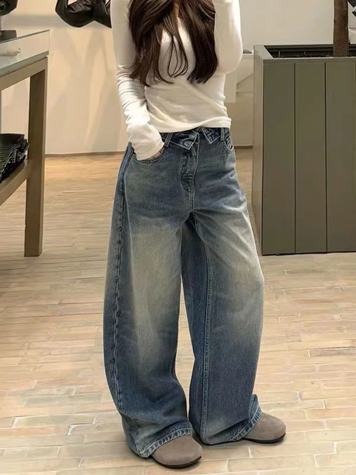 아메리칸 레트로 워싱 뒤집다 측면 넓은 다리 청바지 여성 하이웨이스트 루즈핏 슬림해 보이는 도루 센스 스트레이트 바닥 청소 바지 이미지 4