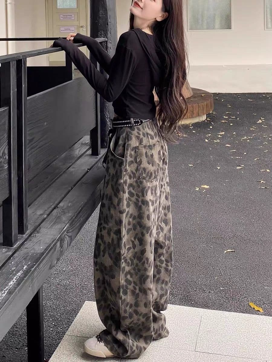 아메리칸 핫걸 패치워크 레오파드 무늬 모통이 칼 청바지 여성 새로운 하이웨이스트 슬림해 보이는 프로필 모양 루즈핏 와이드 레그 팬츠 상세 이미지 3