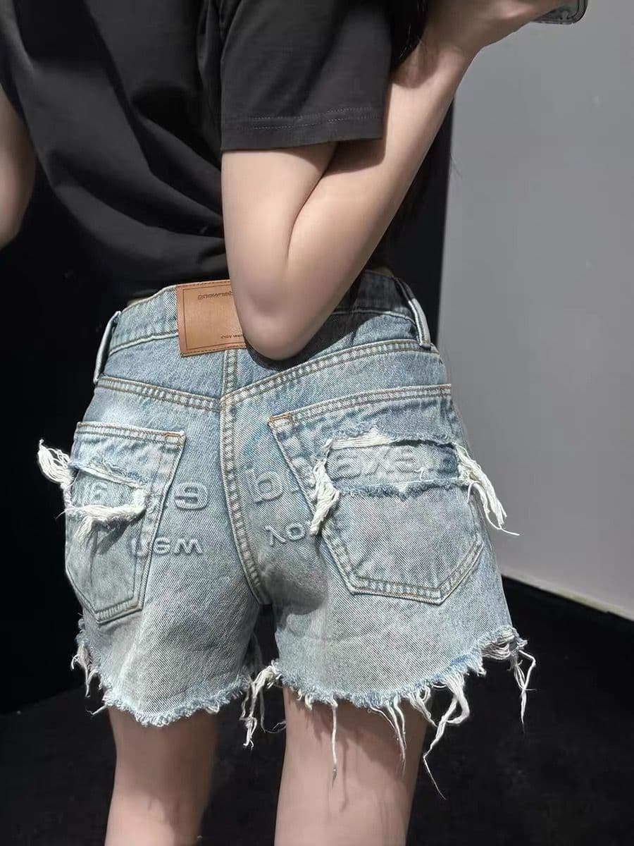 왕 알파벳 핫걸 찢어진 부분 데님 반바지 디자인 센스 깨진 측면 워시 물 마 오래된 핫 바지 상세 이미지 3