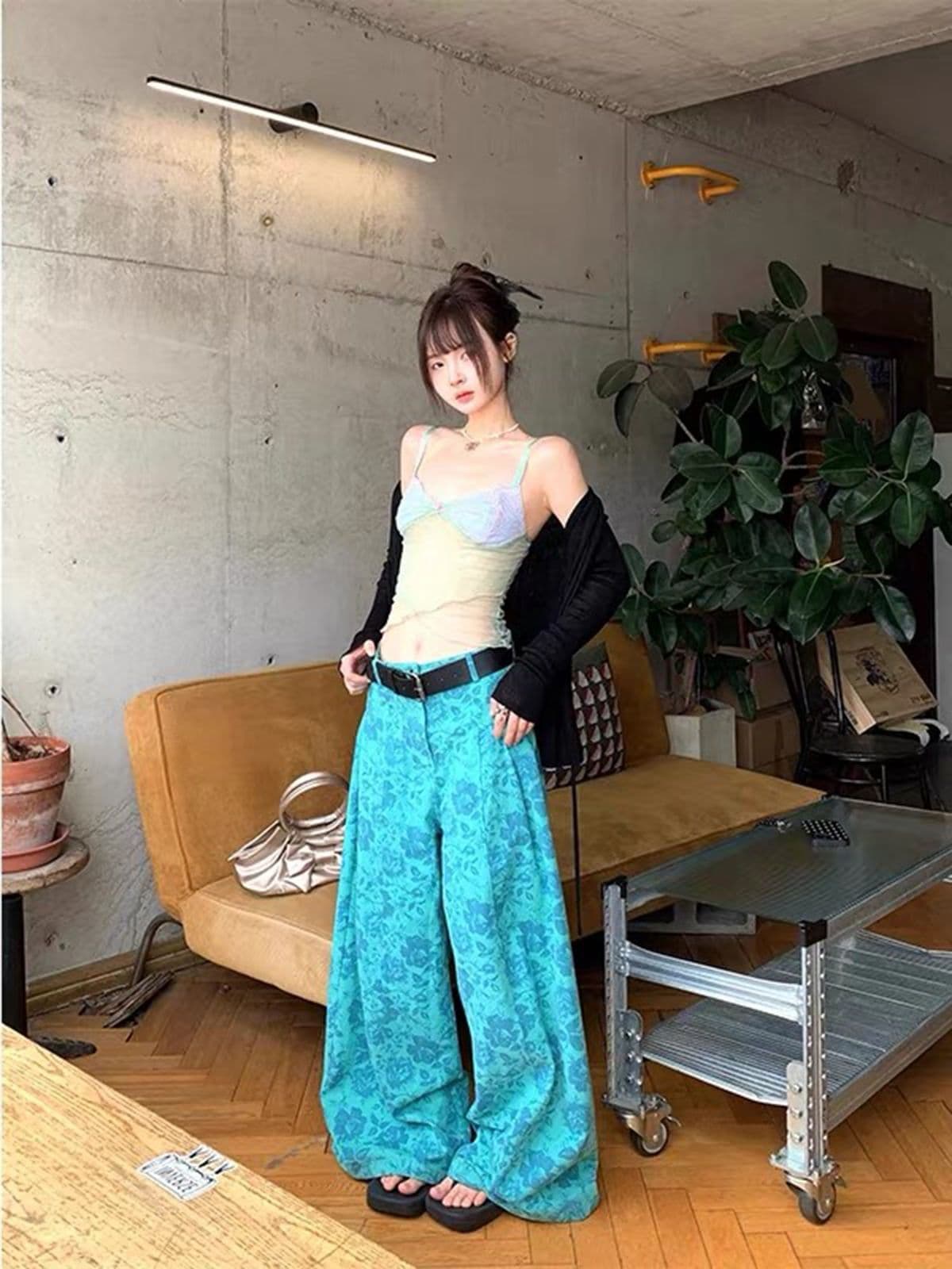 아메리칸 레트로 녹색 꽃무늬 프린트 넓은 다리 청바지 여성 여름 새로운 루즈핏 슬림해 보이는 캐주얼 바닥 청소 바지 상세 이미지 2