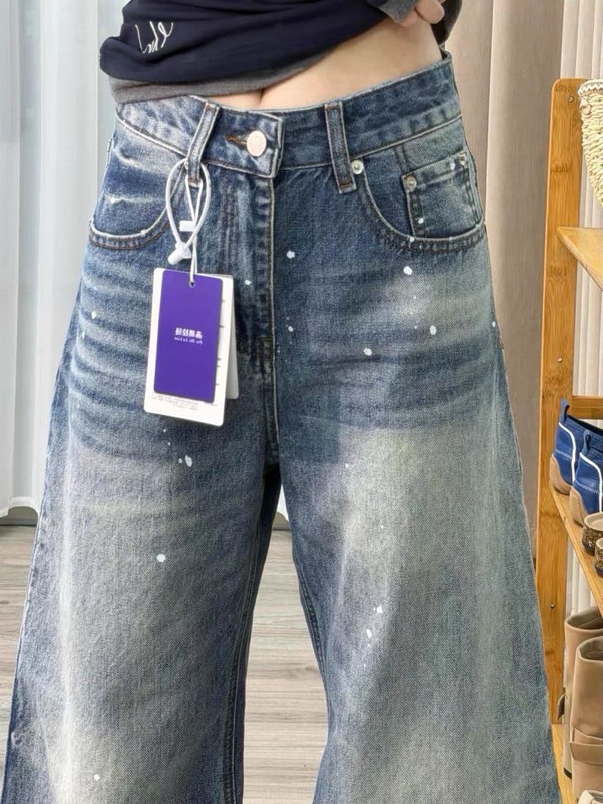 아메리칸 레트로 블루 높음 거리 워싱 먹물 작은 모통이 칼 루즈핏 넓은 다리 청바지 여성 표지 다리 두꺼운 슬림해 보이는 스트레이트 팬츠 상세 이미지 2