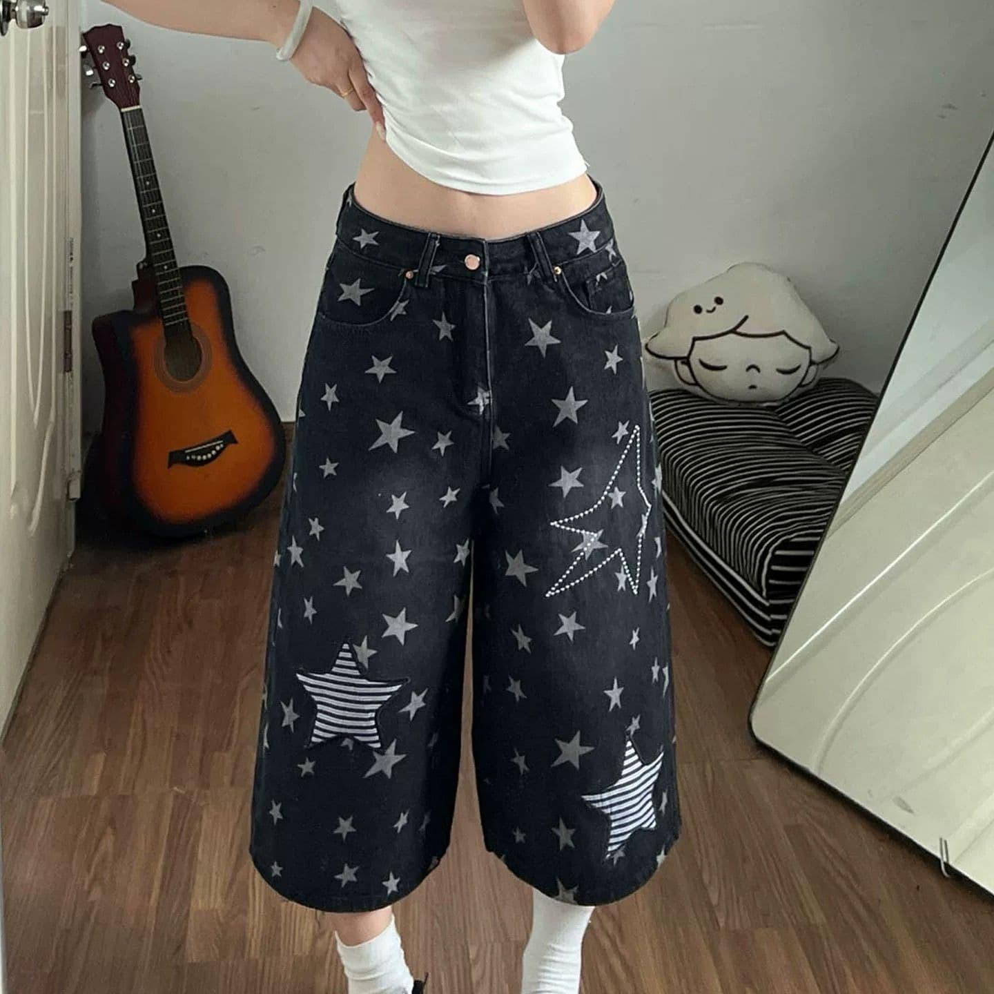 레트로 전체 인쇄 별 패치 자수 7 점 청바지 여자 2026 여름 새로운 하이웨이스트 넓은 다리가 짧다. 바지 이미지 5