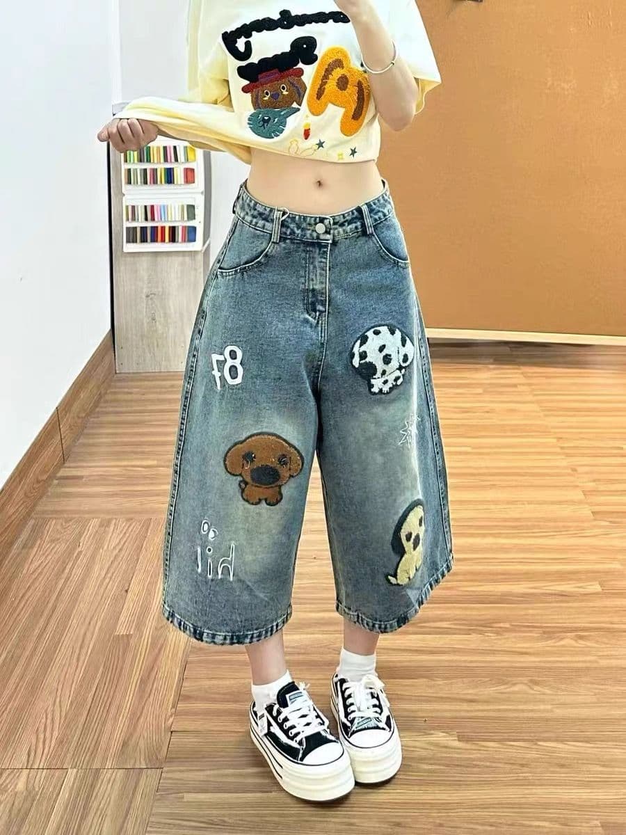 아메리칸 레트로 만화 강아지 자수 데님 와이드 레그 팬츠 소녀 여름 루즈핏 캐주얼 하이웨이스트 슬림해 보이는 7부 바지 상세 이미지 5