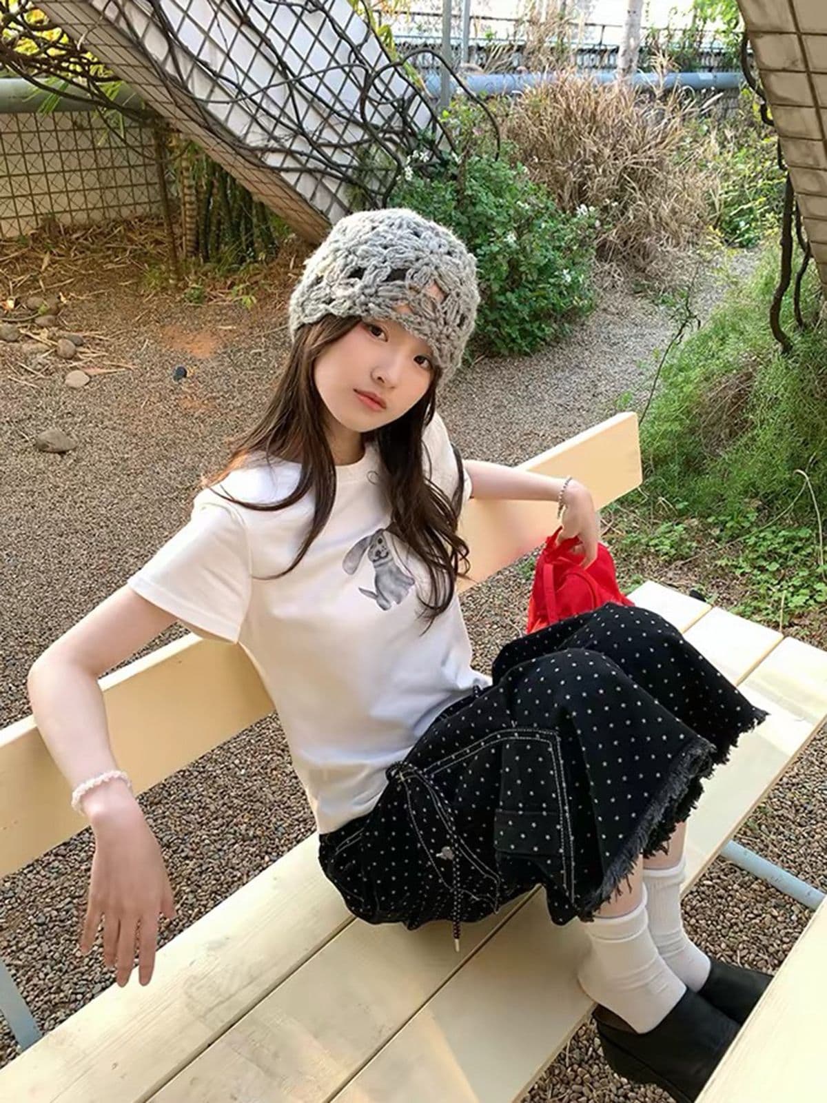 2026 여름 새로운 레이스업 하이웨이스트 캐주얼 바지 워크웨어 바람 도트 무늬 빅 포켓 거친 가장자리 7 점 데님 와이드 레그 팬츠 상세 이미지 5