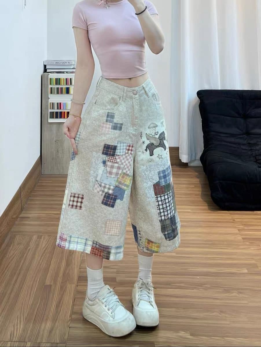 레트로 천년기 바람 재미있는 퍼즐 프린트 데님 반바지 여자 여름 루즈핏 7 점 넓은 다리 스트레이트 중 바지